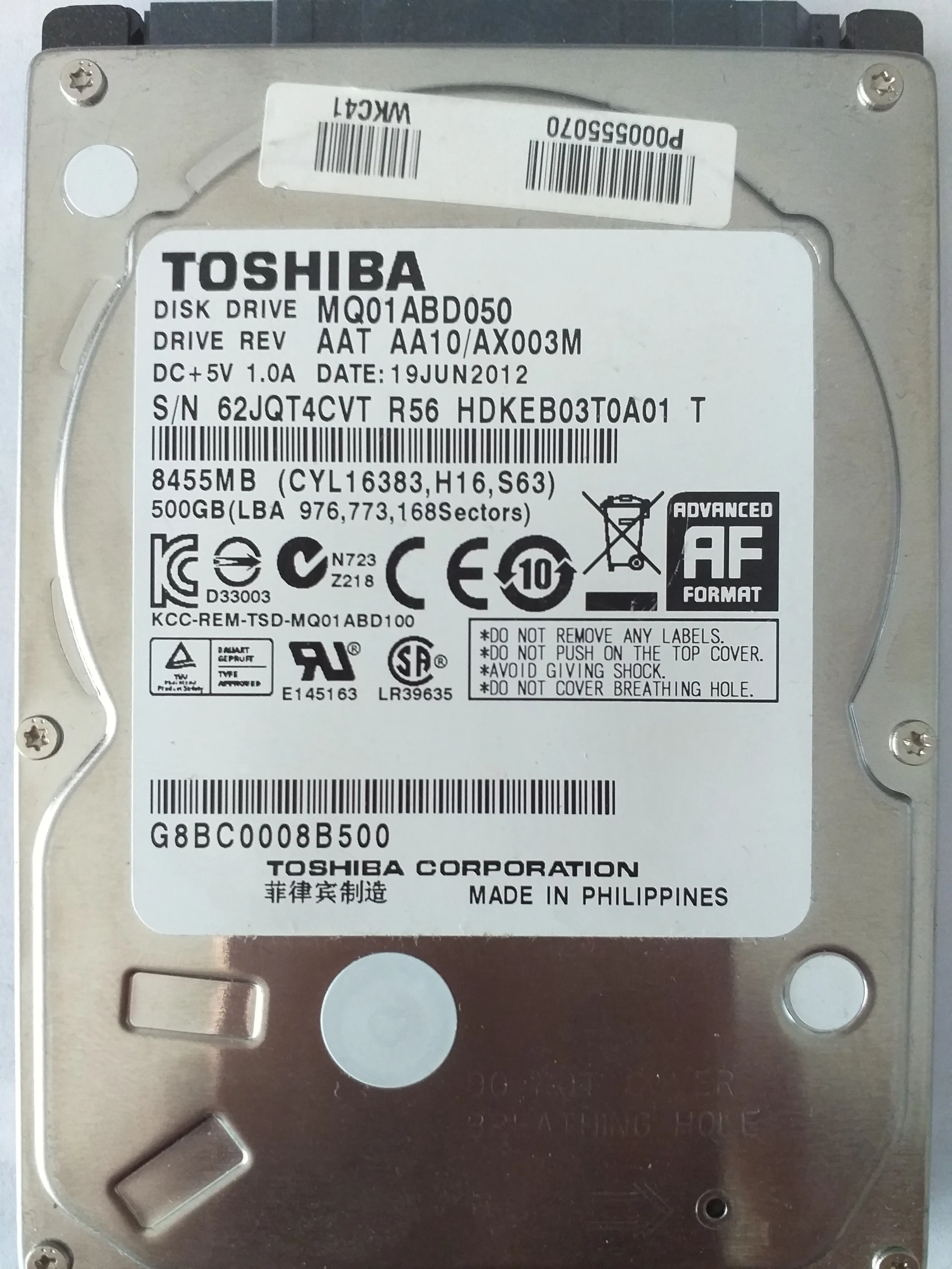 Toshiba MQ01ABD050 S/N 62JQT4CVT