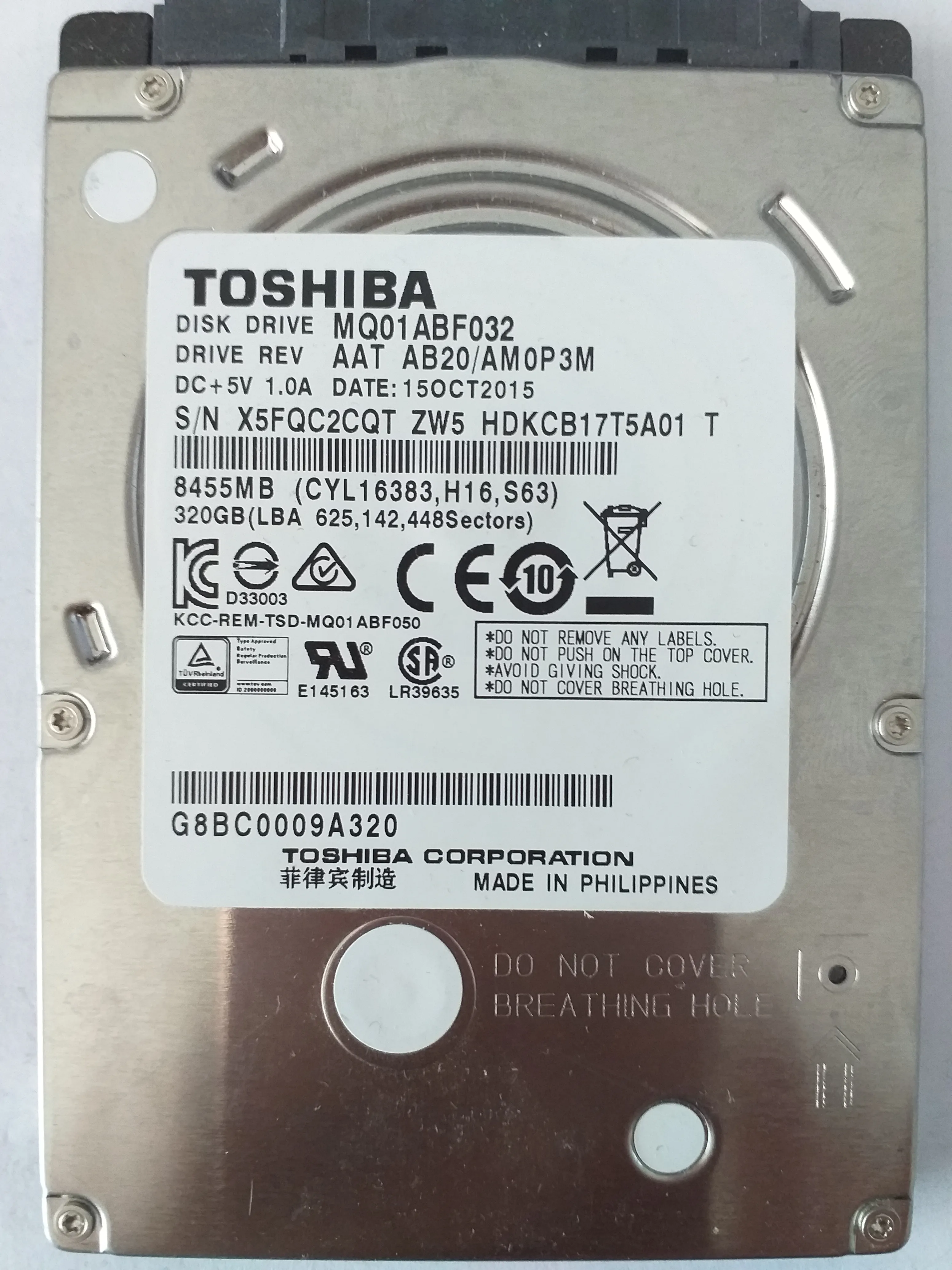 Toshiba MQ01ABF032 S/N X5FQC2CQT