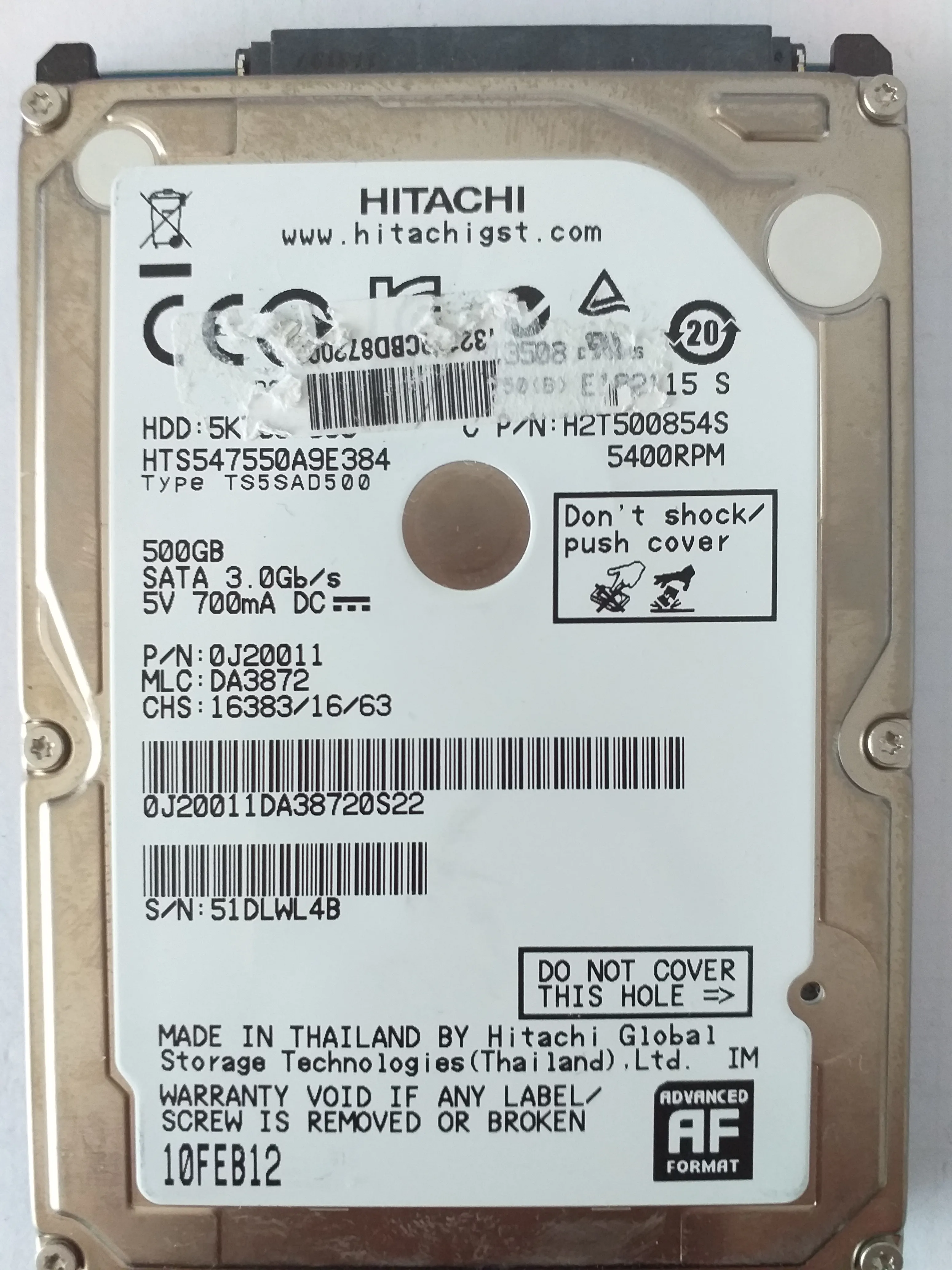 Hitachi HTS547550A9E384 S/N 51DLWL4B