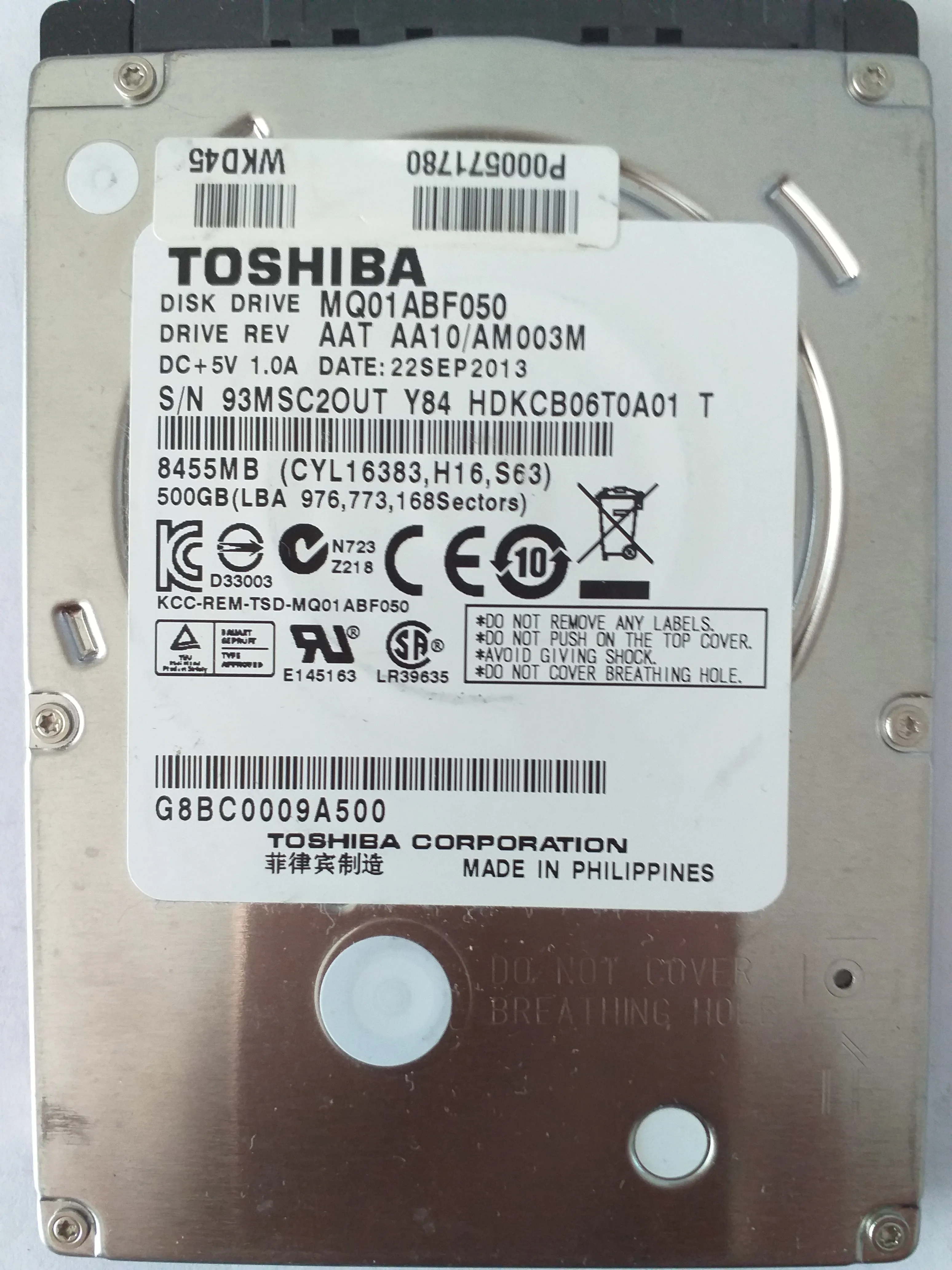 Toshiba MQ01ABF050 S/N 93MSC2OUT