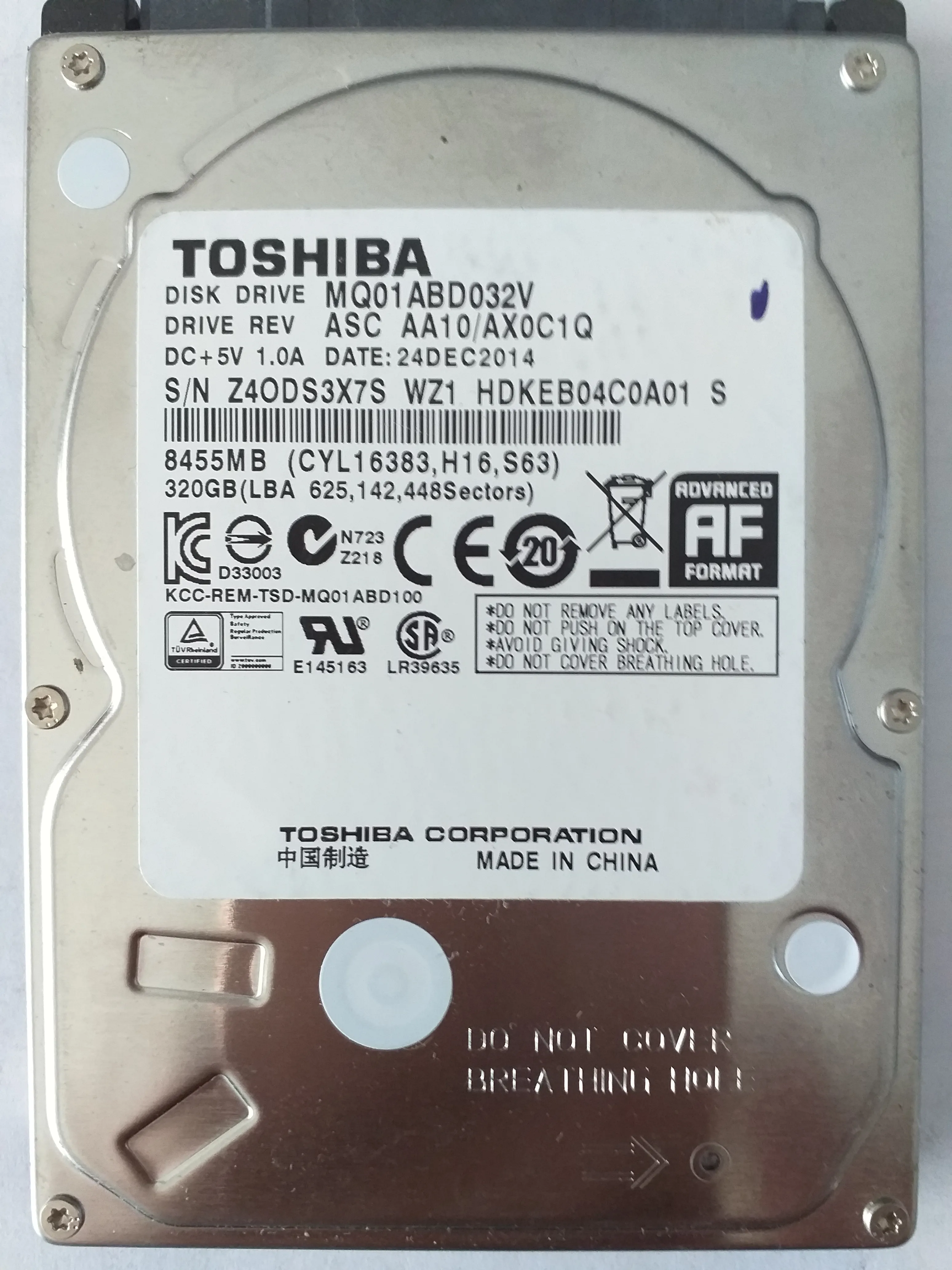 Toshiba MQ01ABD032V S/N Z4ODS3X7S