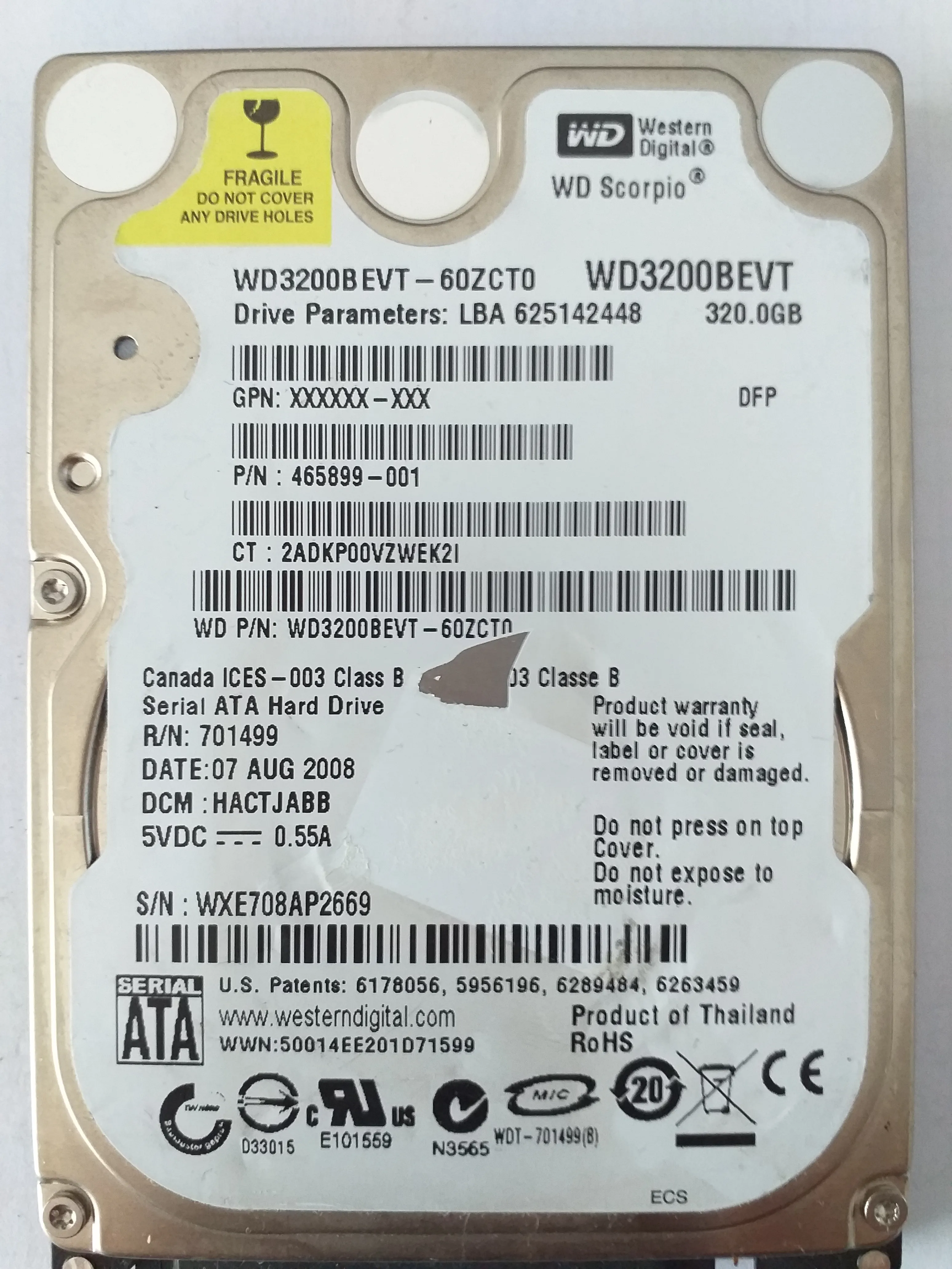 Western Digital WD3200BEVT-60ZCT0 S/N WXE708AP2669