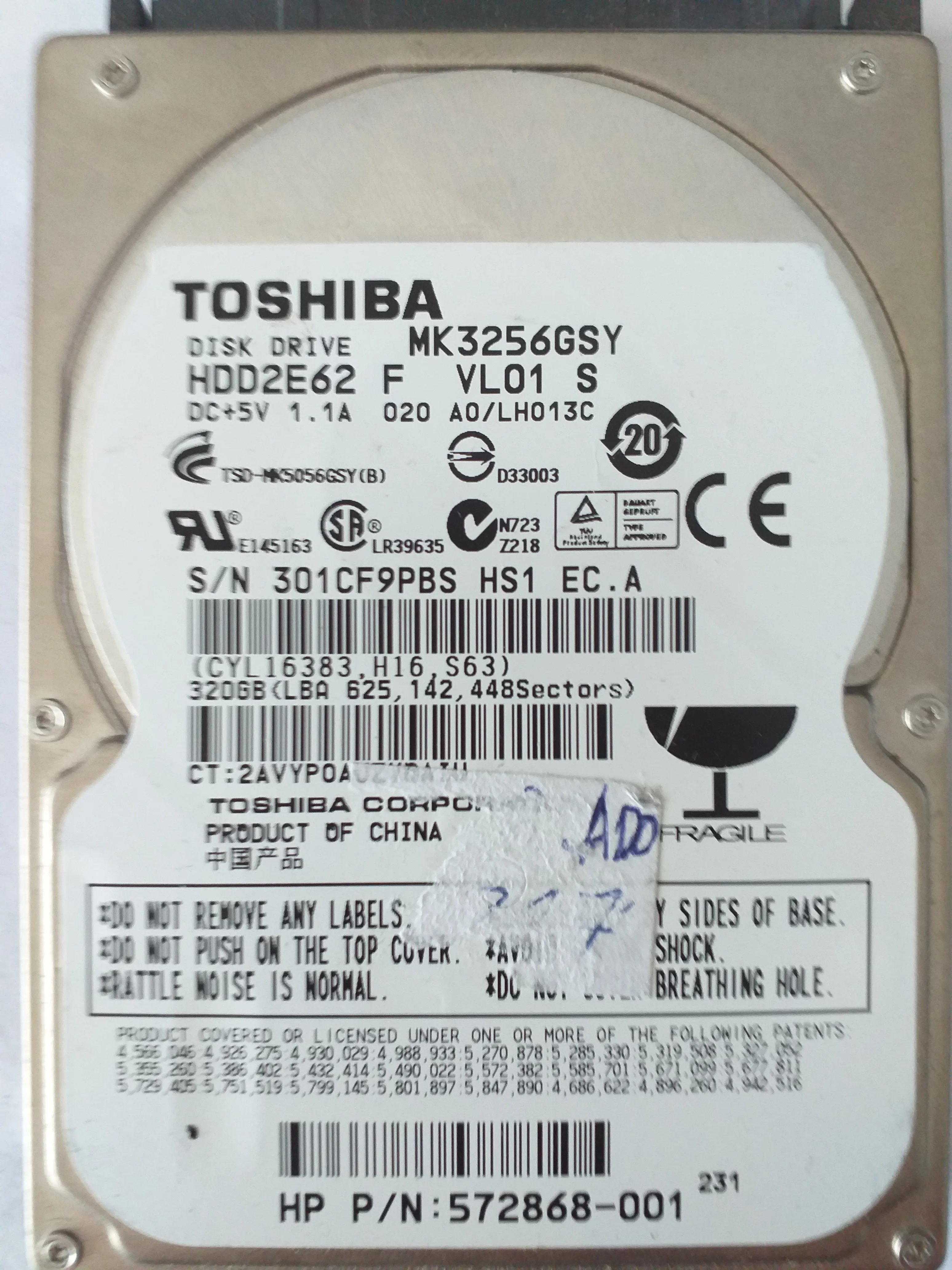 Toshiba MK3256GSY S/N 301CF9PBS