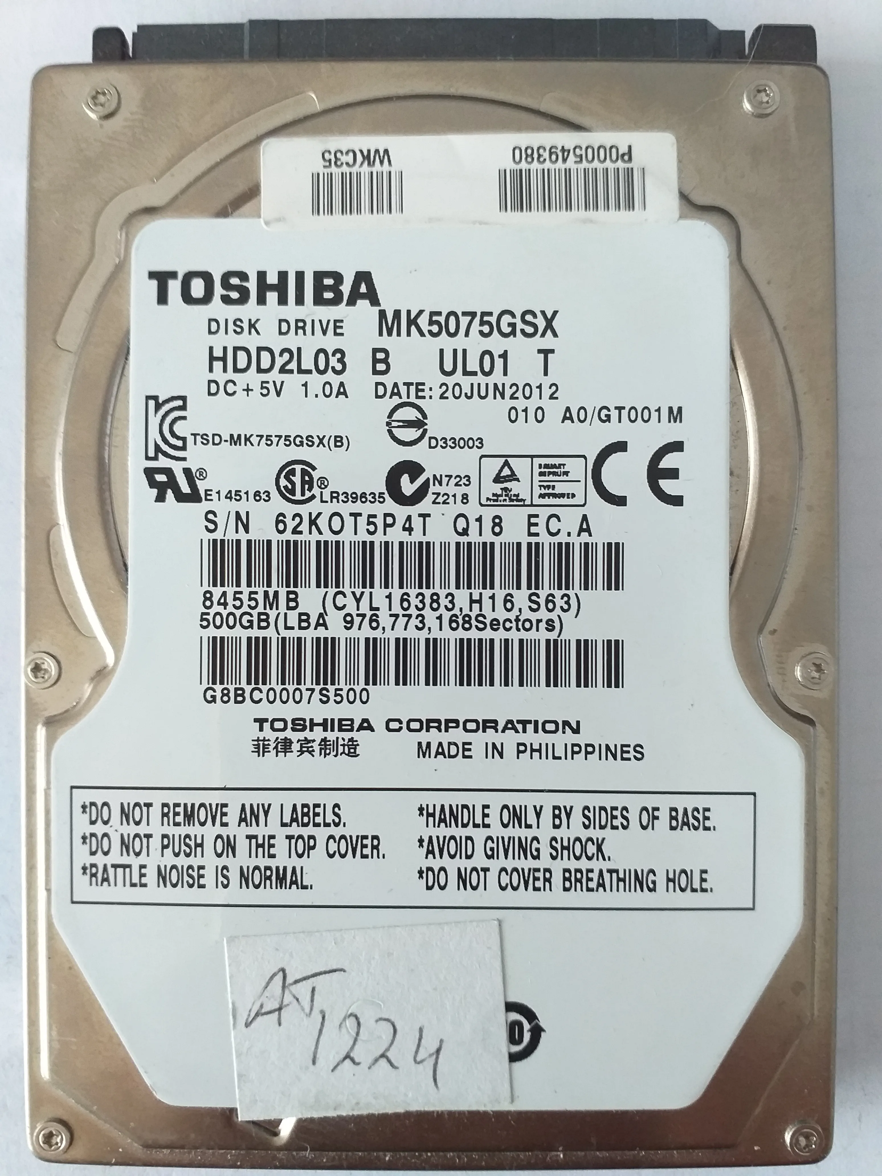 Toshiba MK5075GSX S/N 62KOT5P4T
