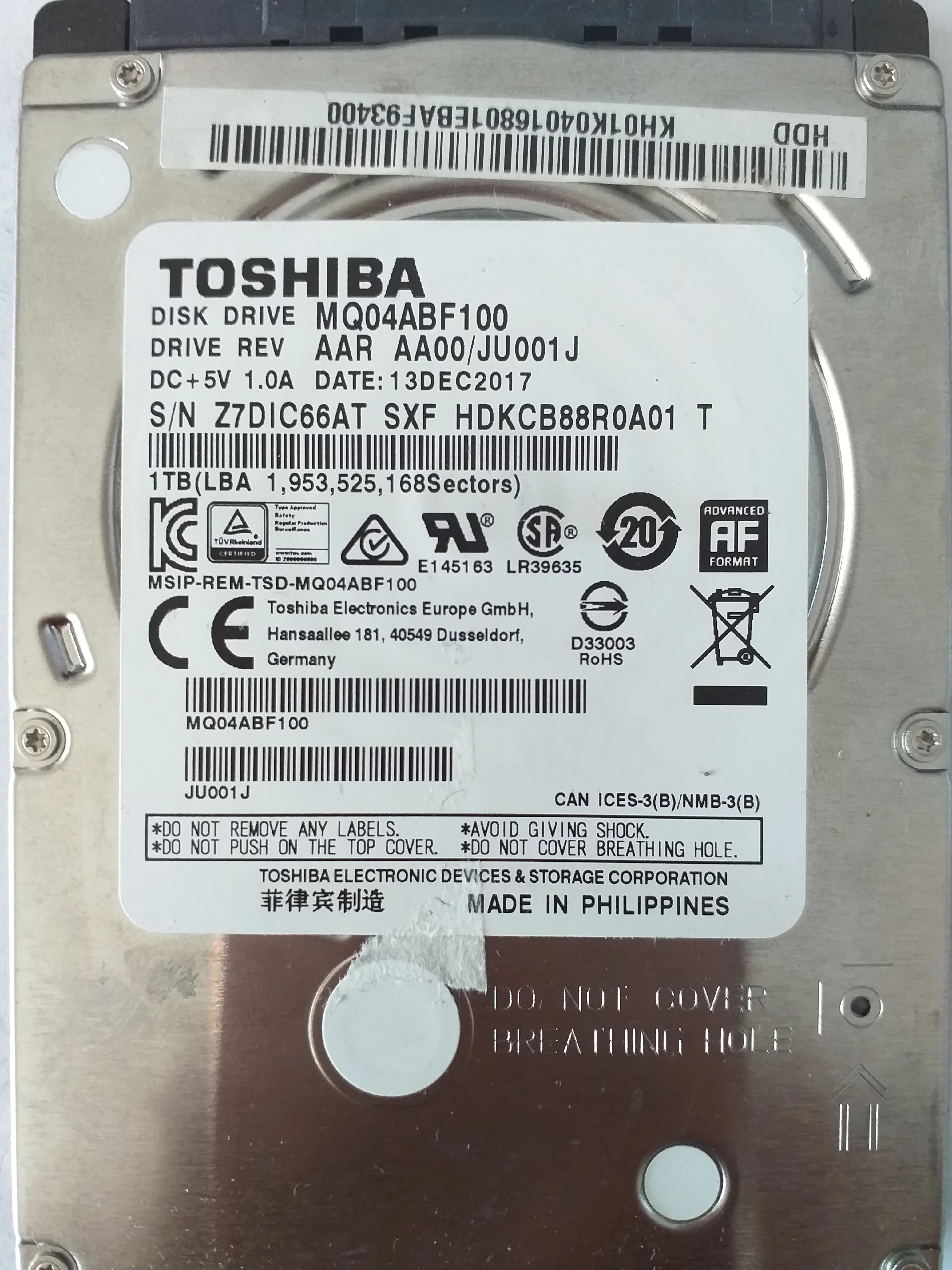Toshiba MQ04ABF100 S/N Z7DIC66AT