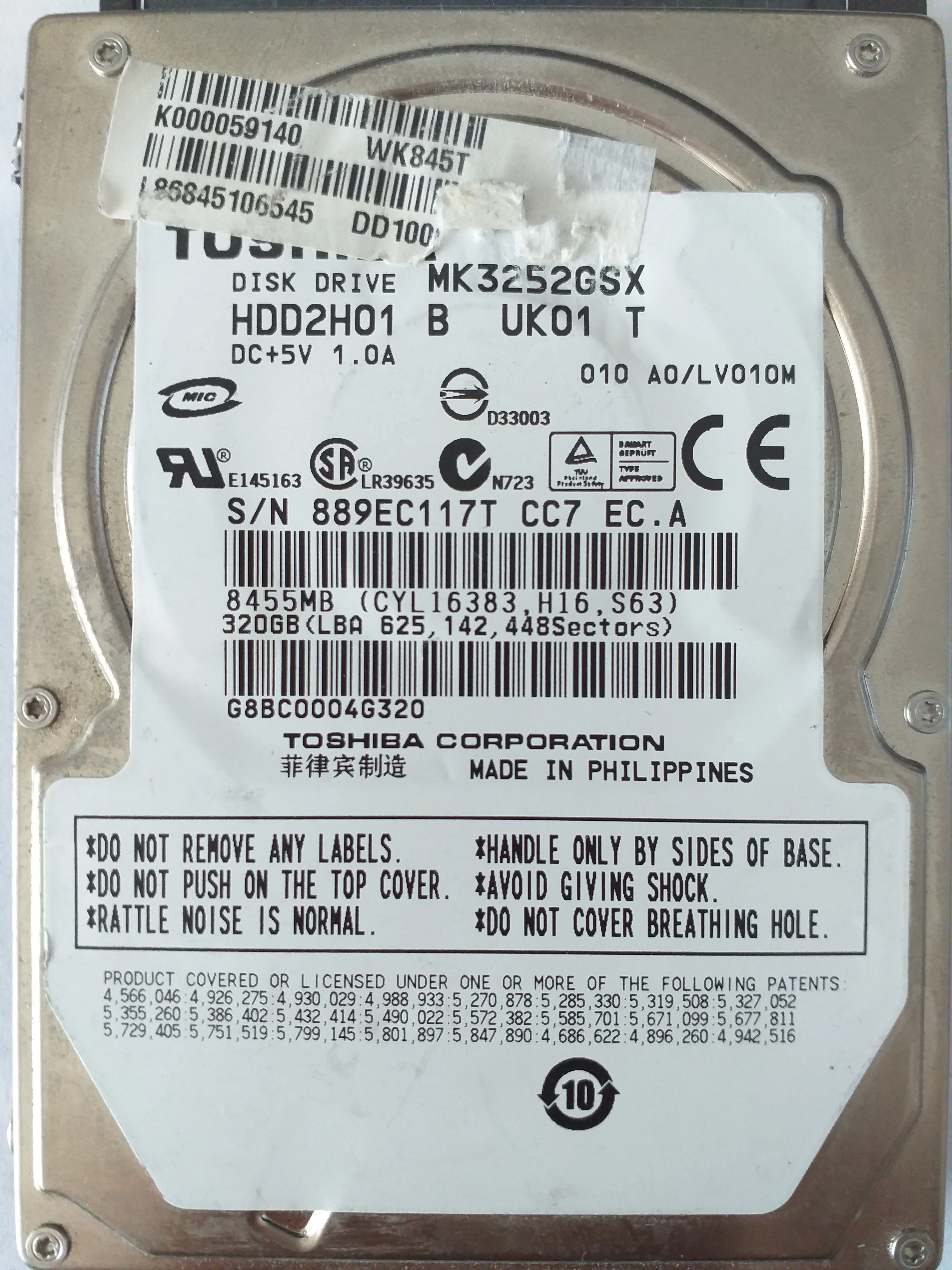 Toshiba MK3252GSX S/N 889EC117T