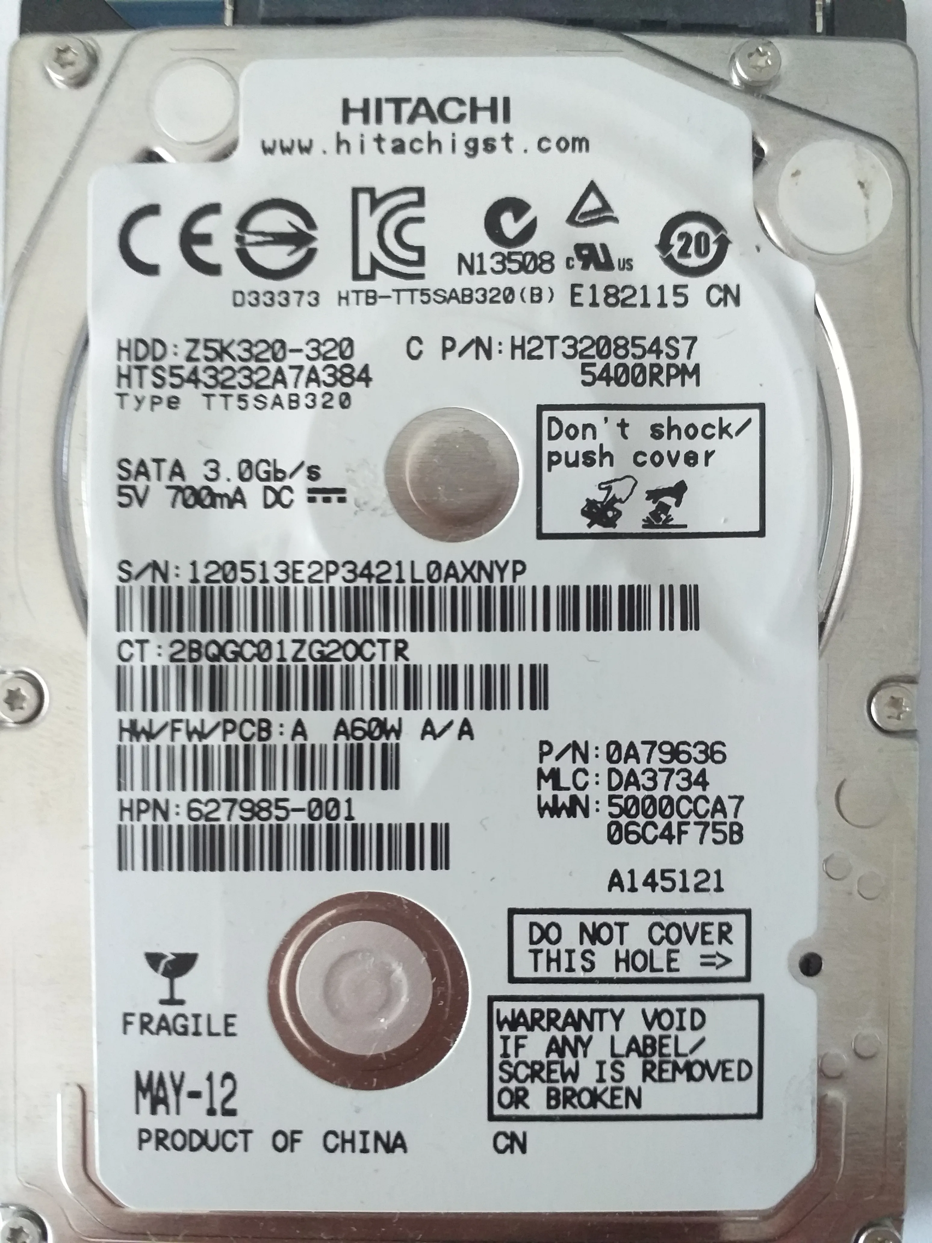 Hitachi HTS543232A7A384 S/N 120513E2P3421L0AXNYP