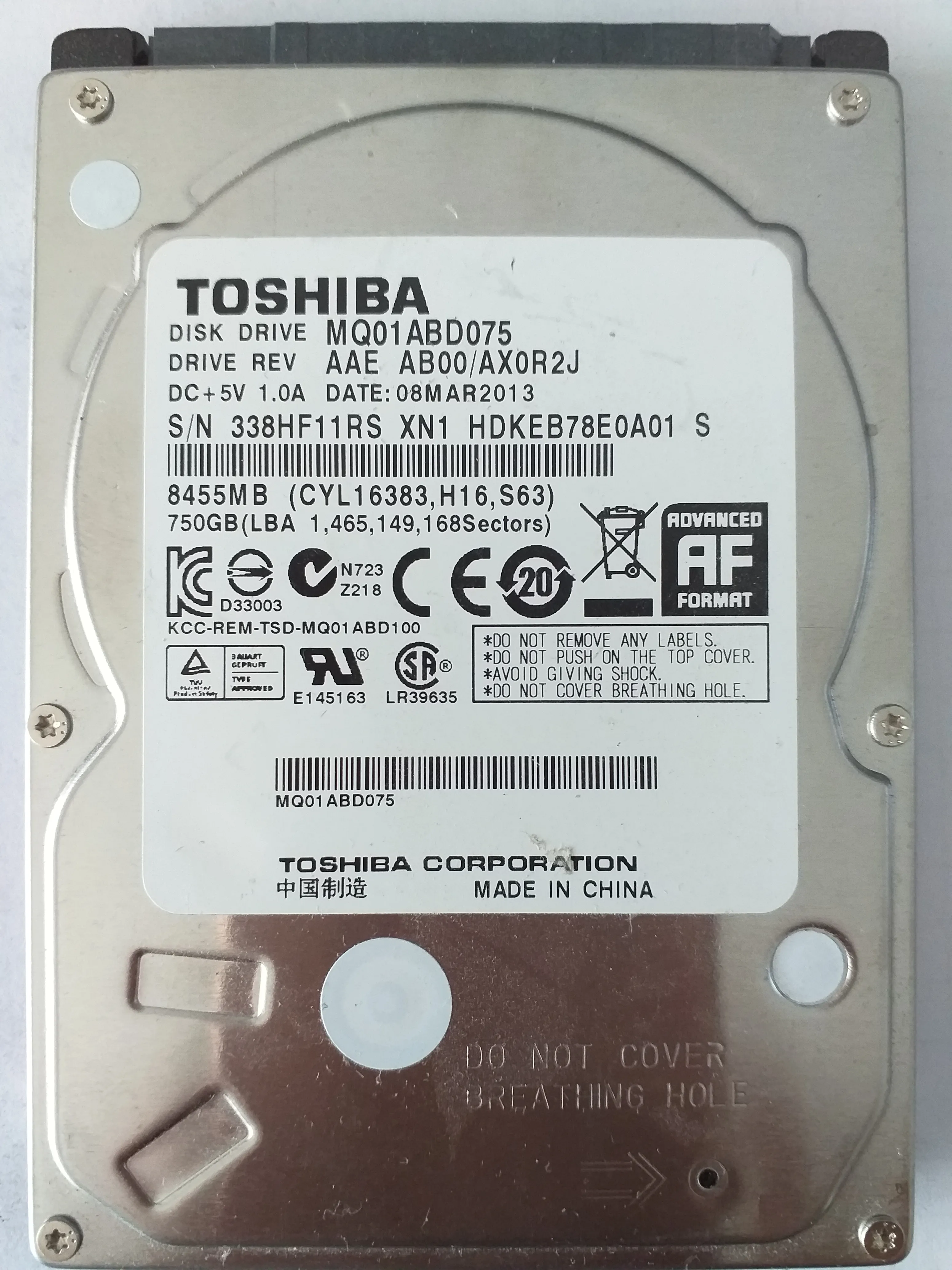Toshiba MQ01ABD075 S/N 338HF11RS