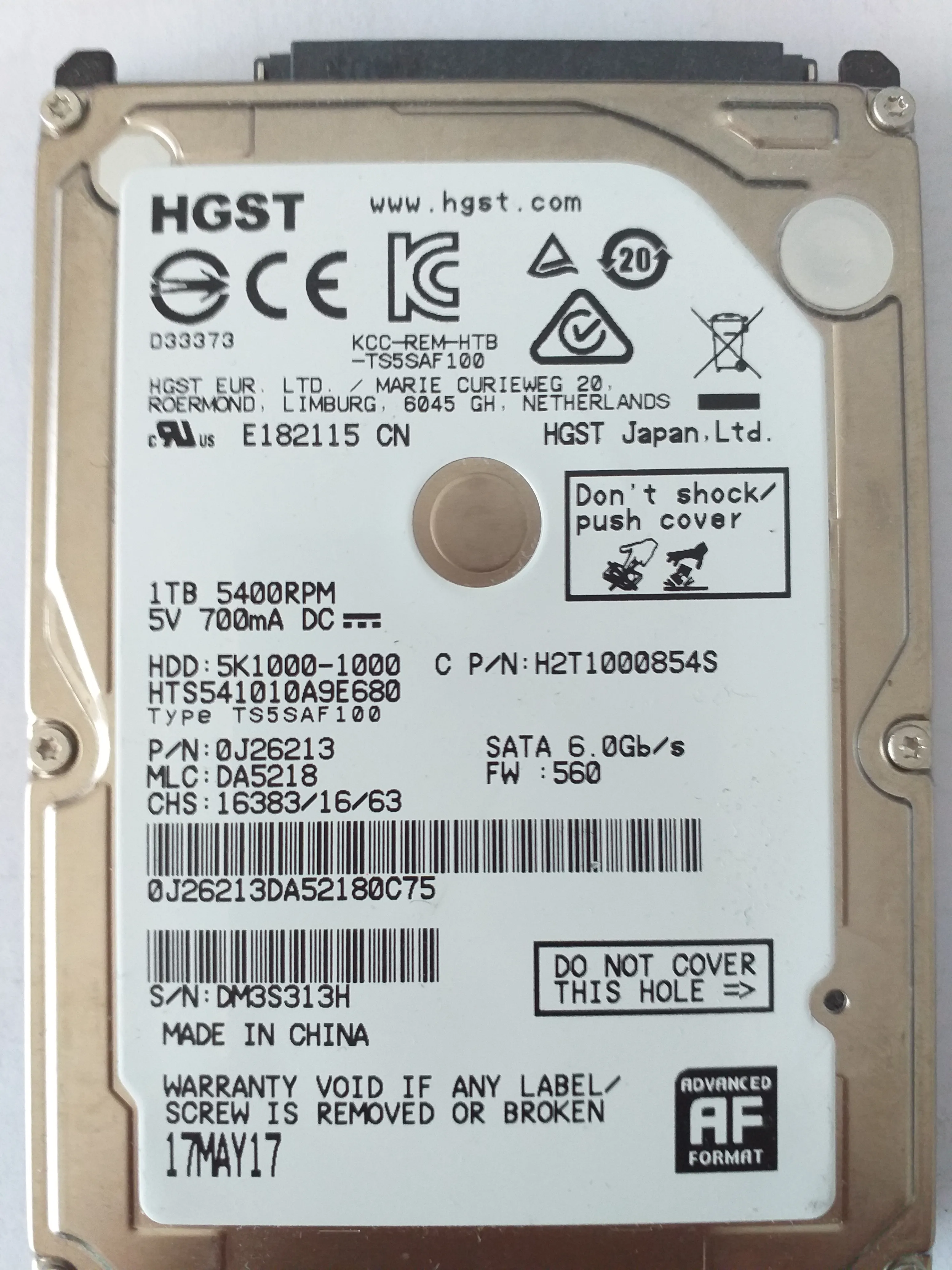 Hitachi HTS541010A9E680 S/N DM3S313H