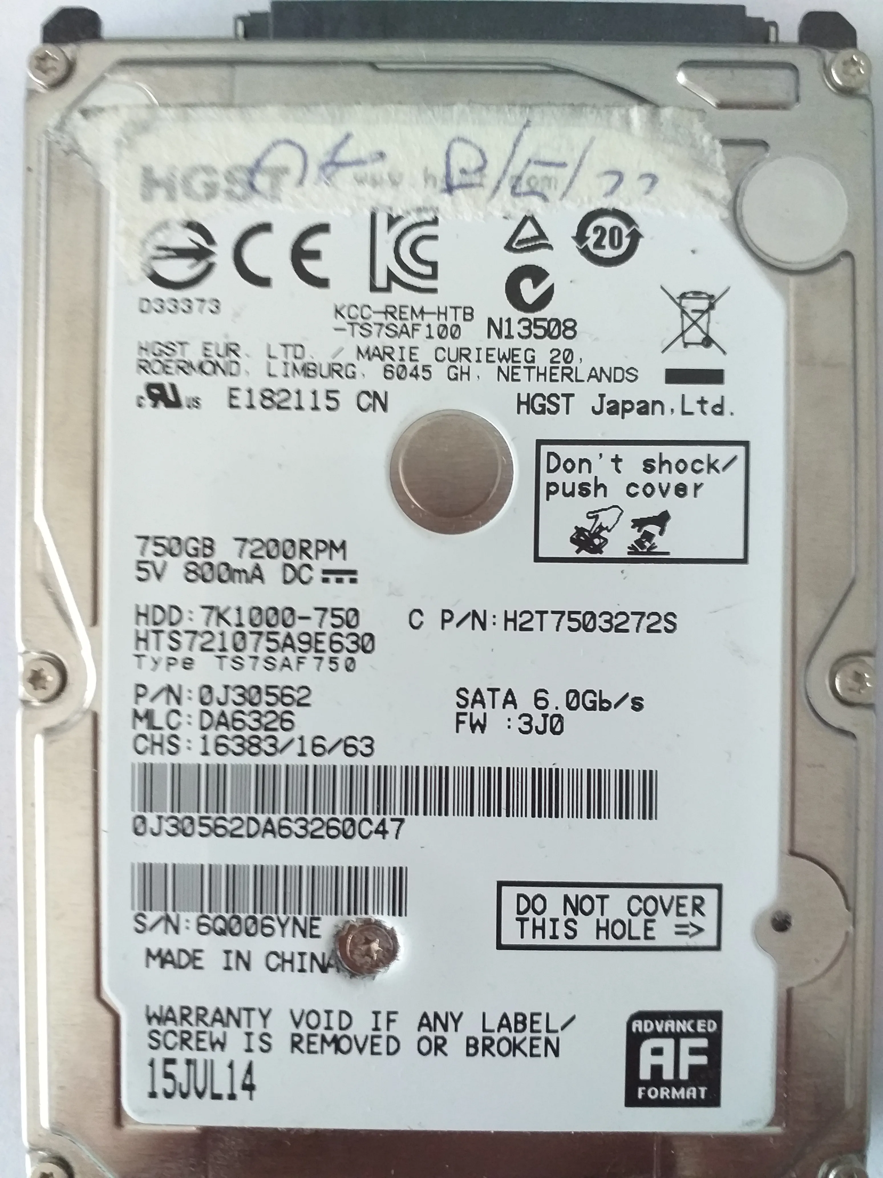 Hitachi HTS721075A9E630 S/N 6Q006YNE