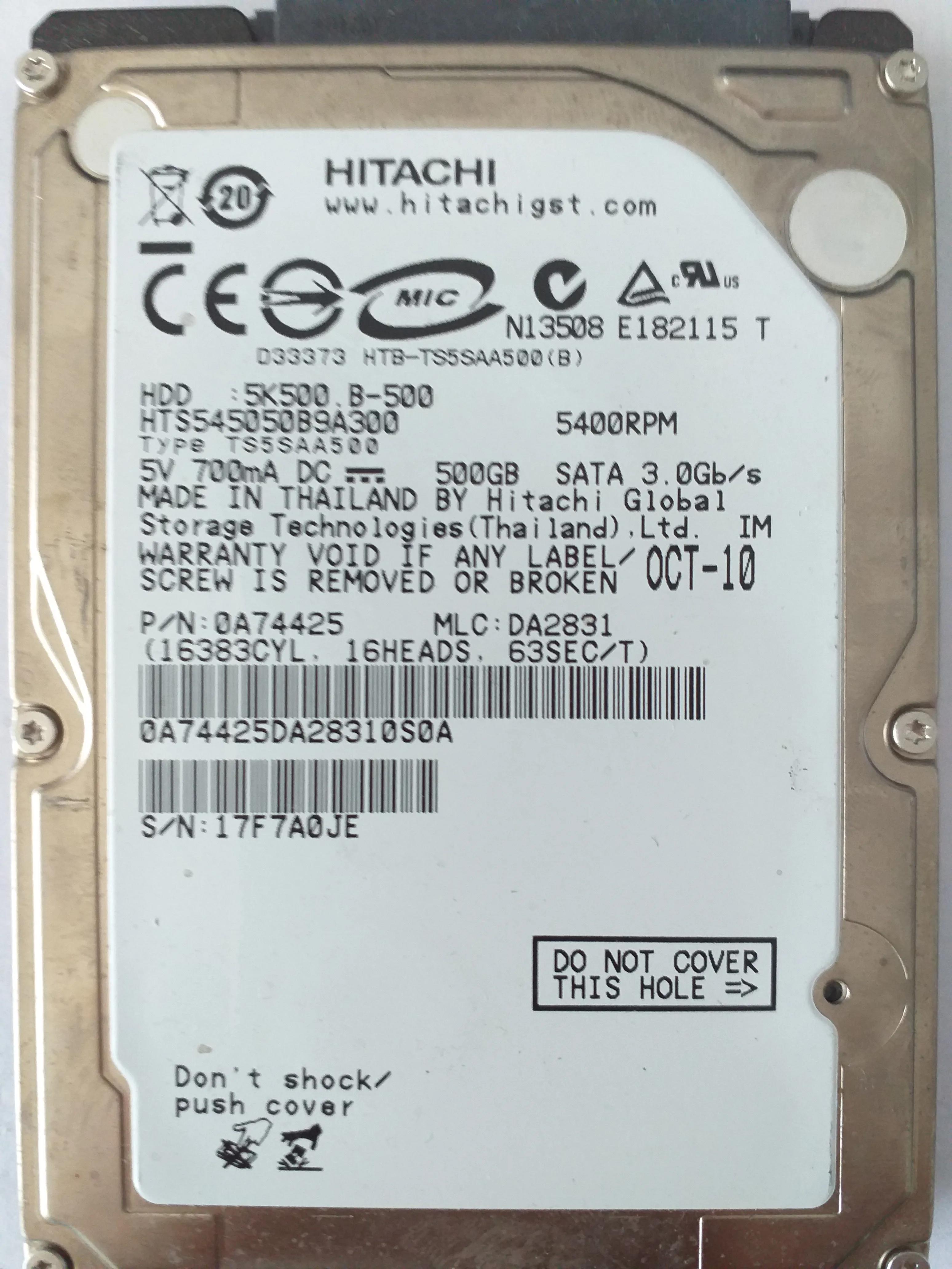 Hitachi HTS545050B9A300 S/N 17F7A0JE