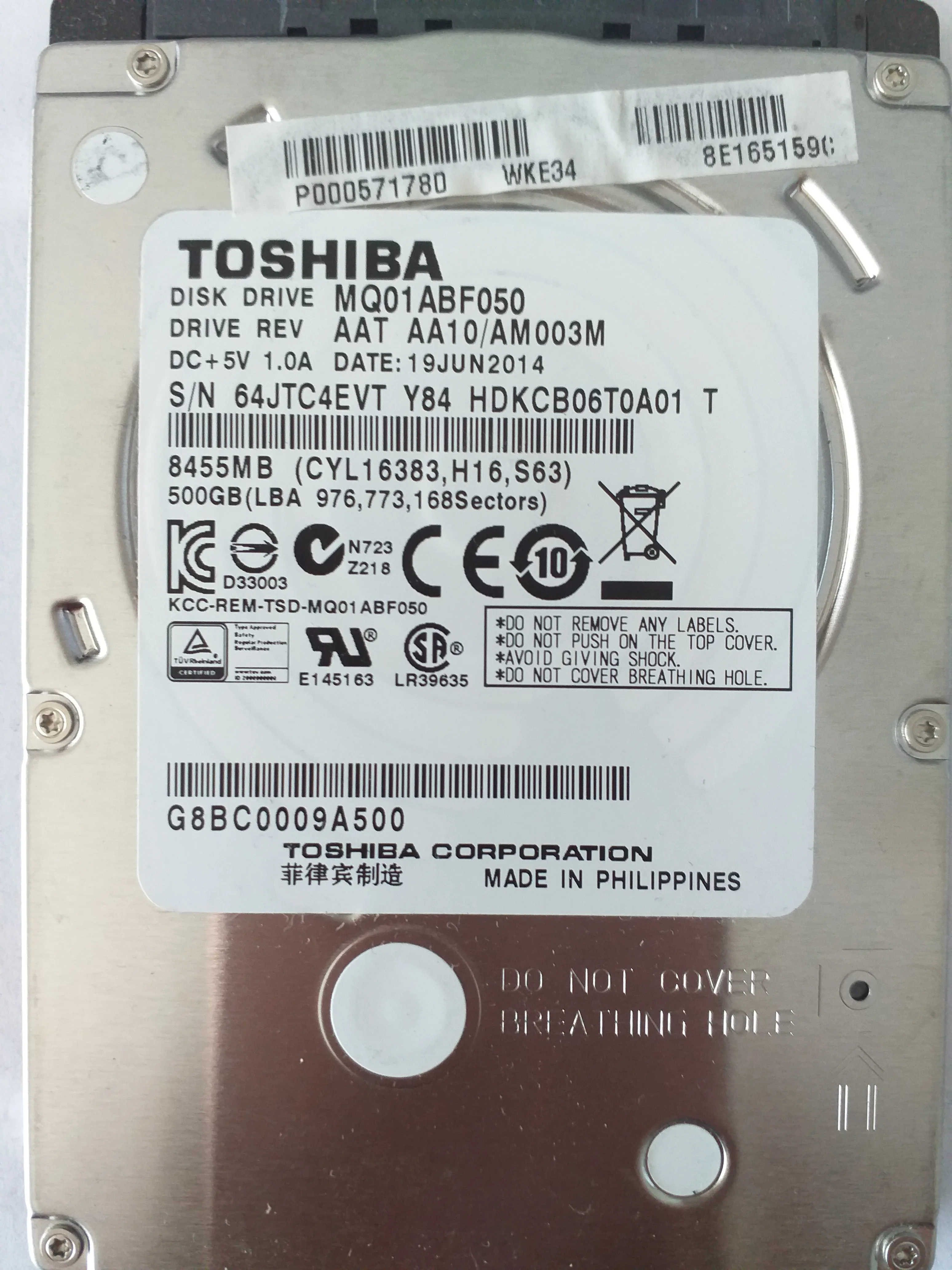 Toshiba MQ01ABF050 S/N 64JTC4EVT