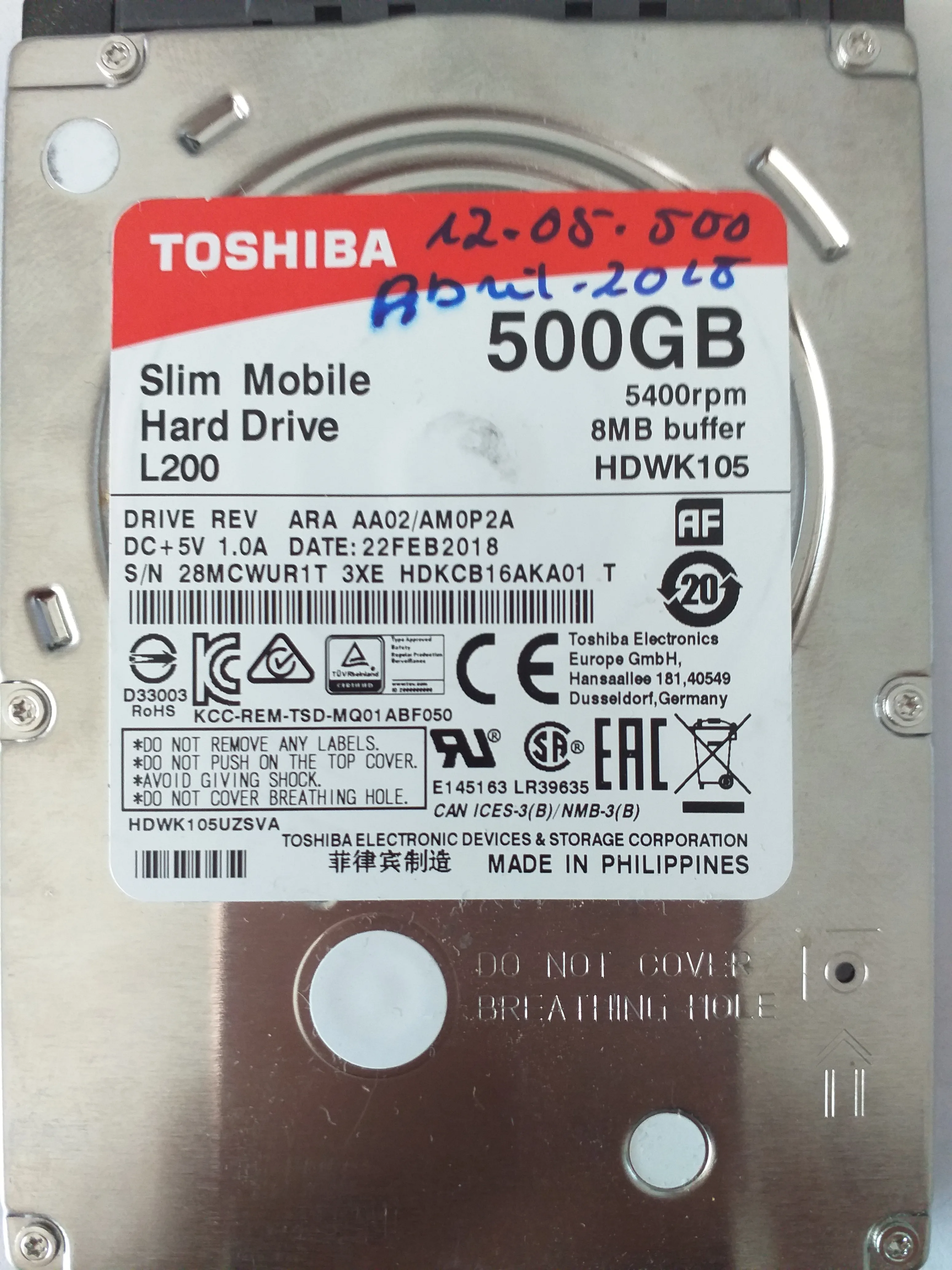 Toshiba HDWK105 S/N 28MCWUR1T