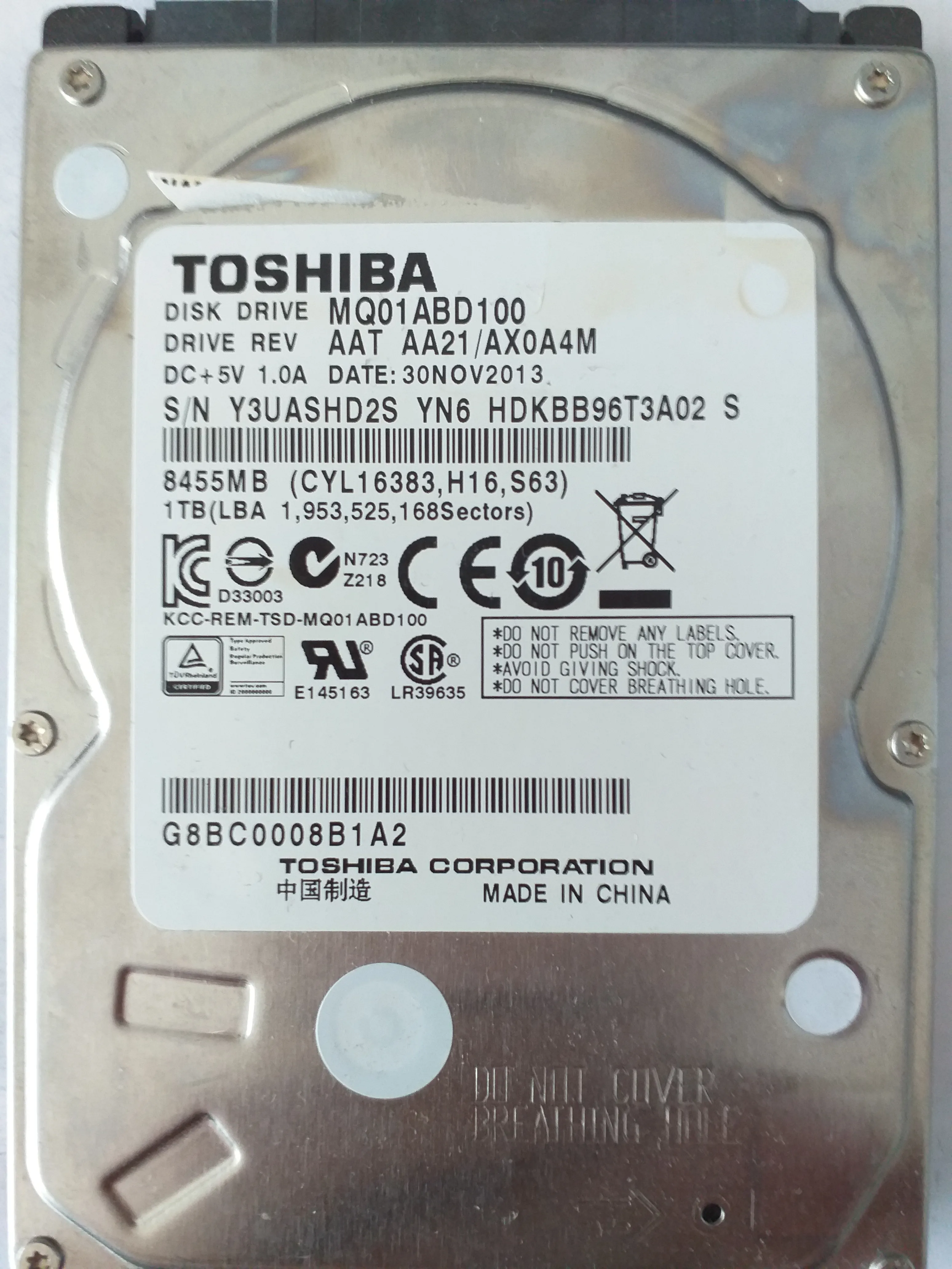 Toshiba MQ01ABD100 S/N Y3UASHD2S