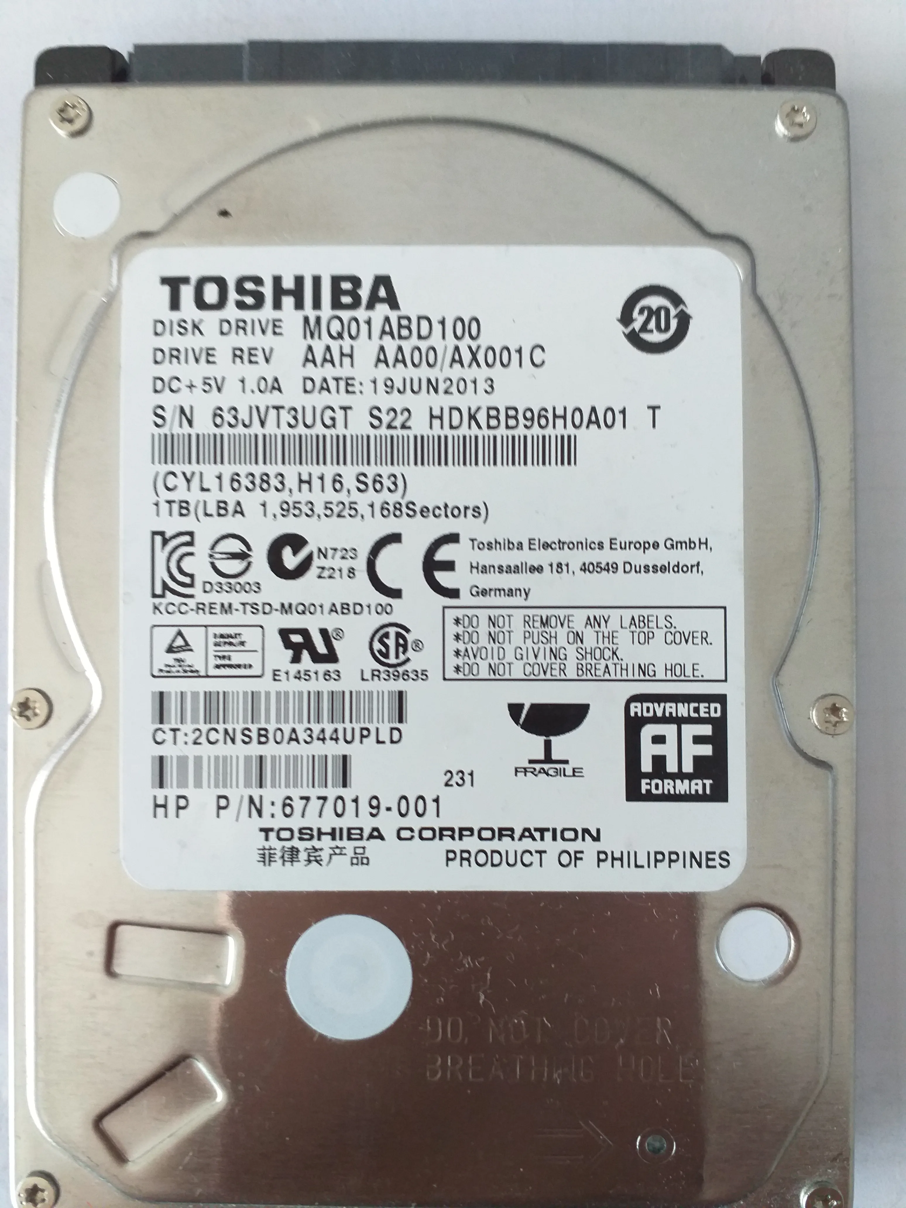 Toshiba MQ01ABD100 S/N 63JVT3UGT