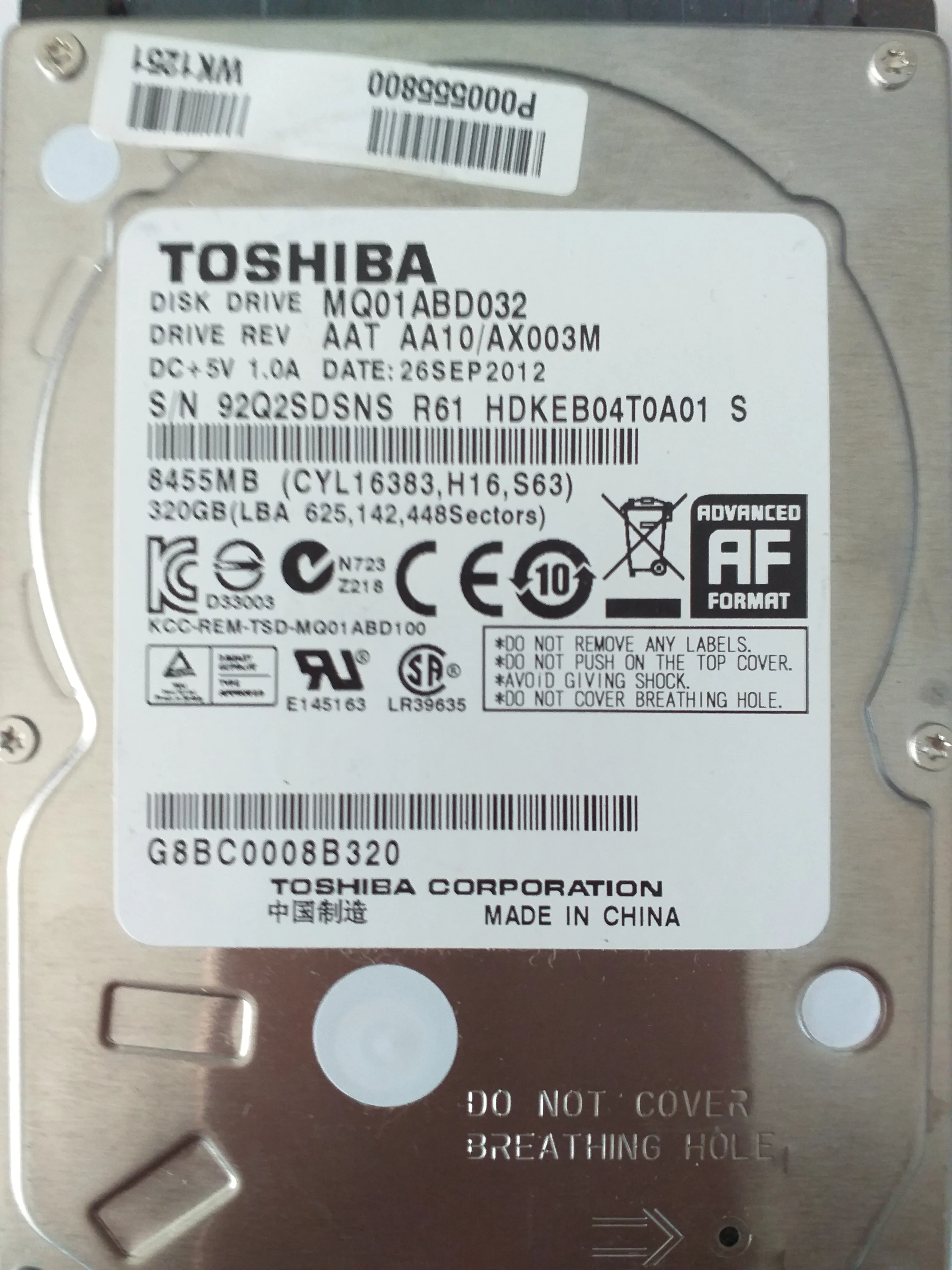 Toshiba MQ01ABD032 S/N 92Q2SDSNS