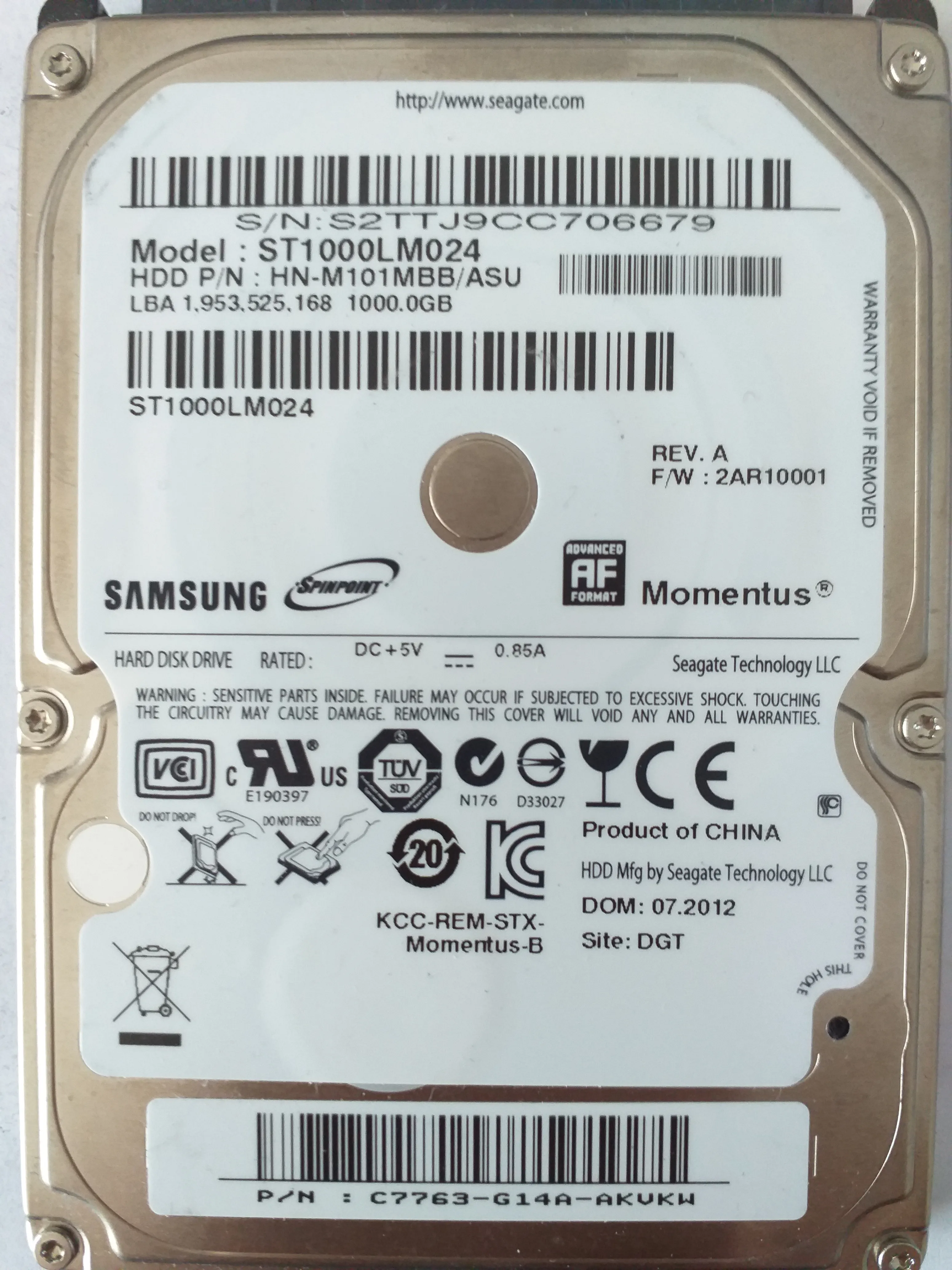 Seagate ST1000LM024 S/N S2TTJ9CC706679