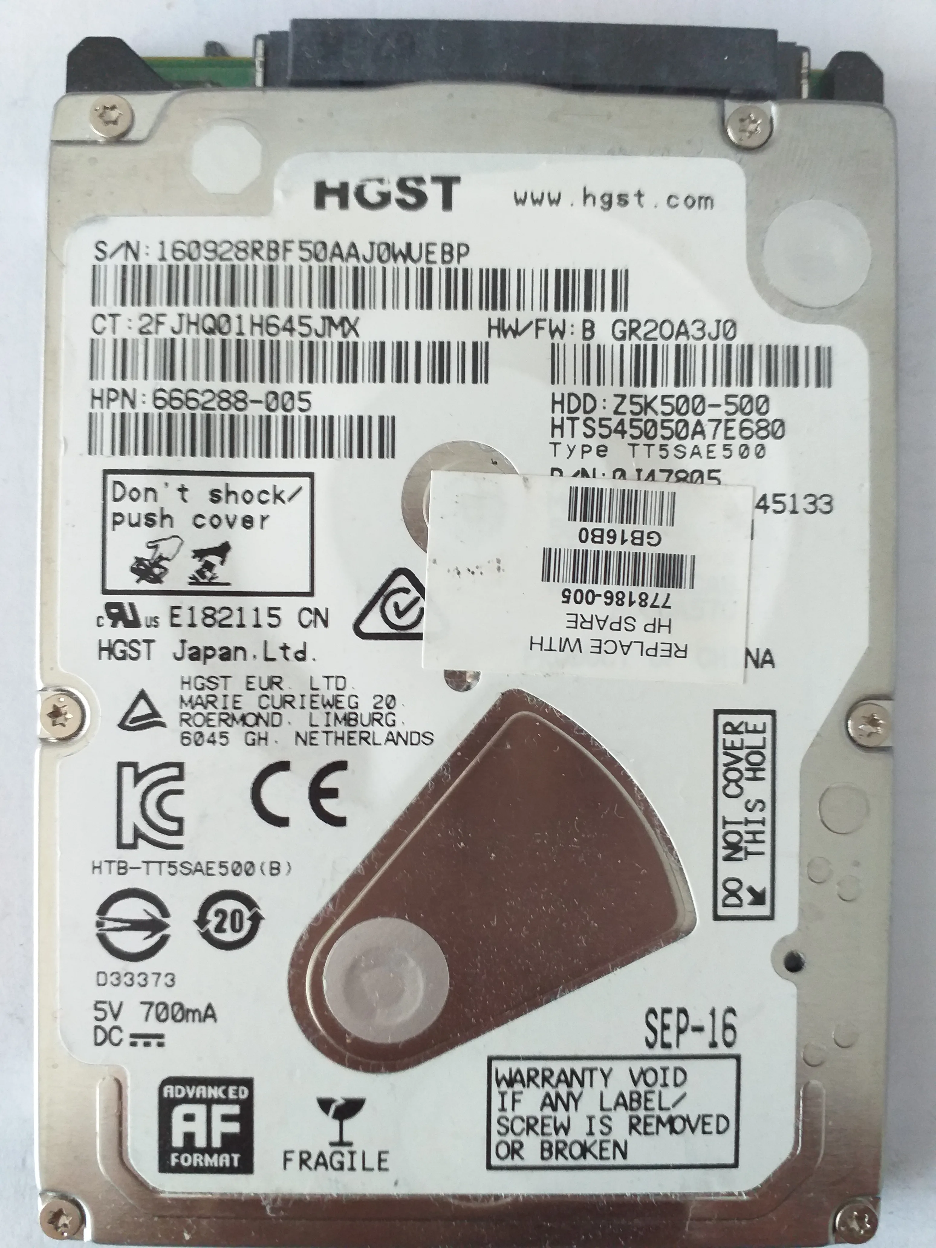 Hitachi HTS545050A7E680 S/N 160928RBF50AAJ0WUEBP