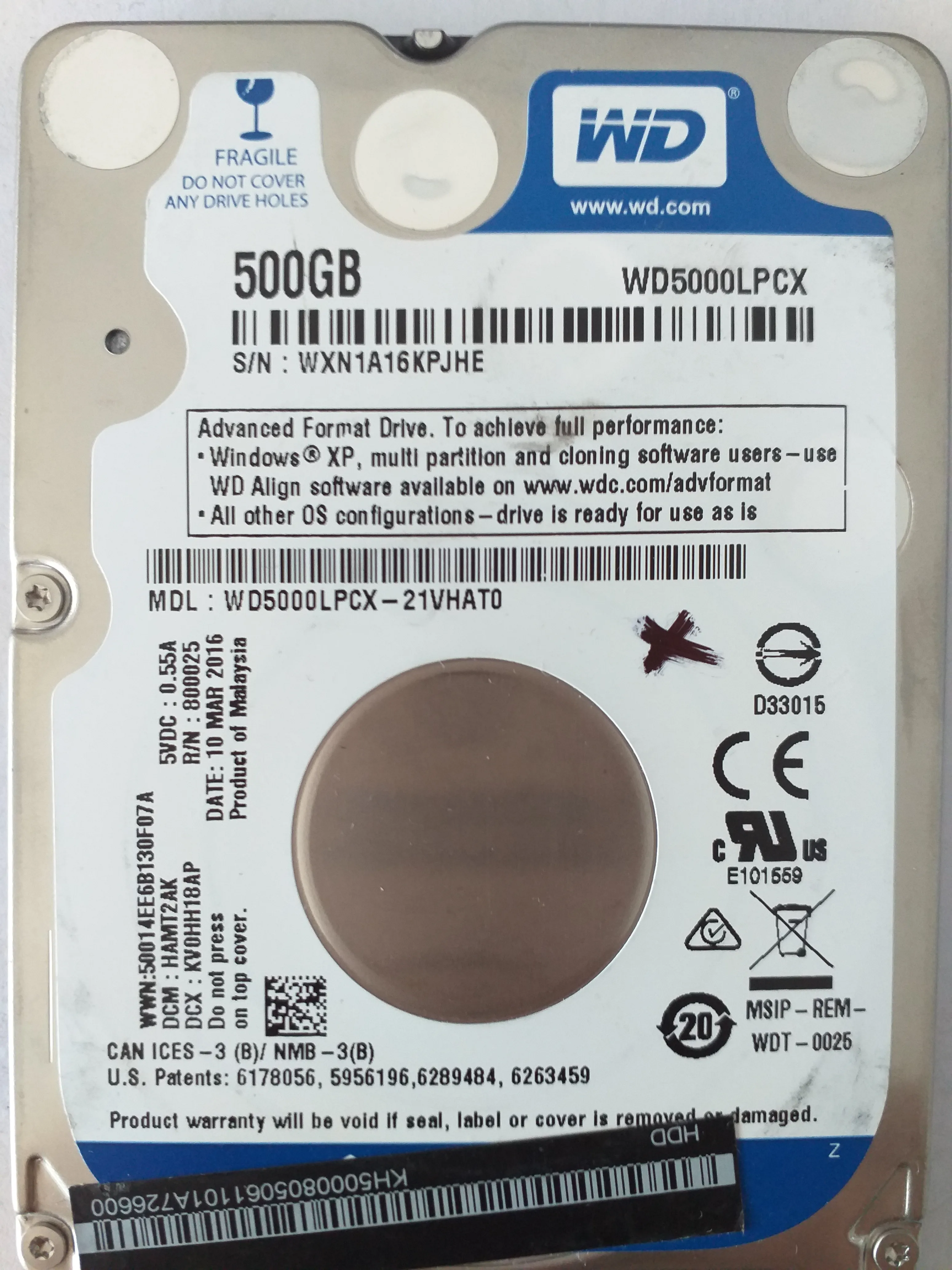 Western Digital WD5000LPCX-21VHAT0 S/N WXN1A16KPJHE