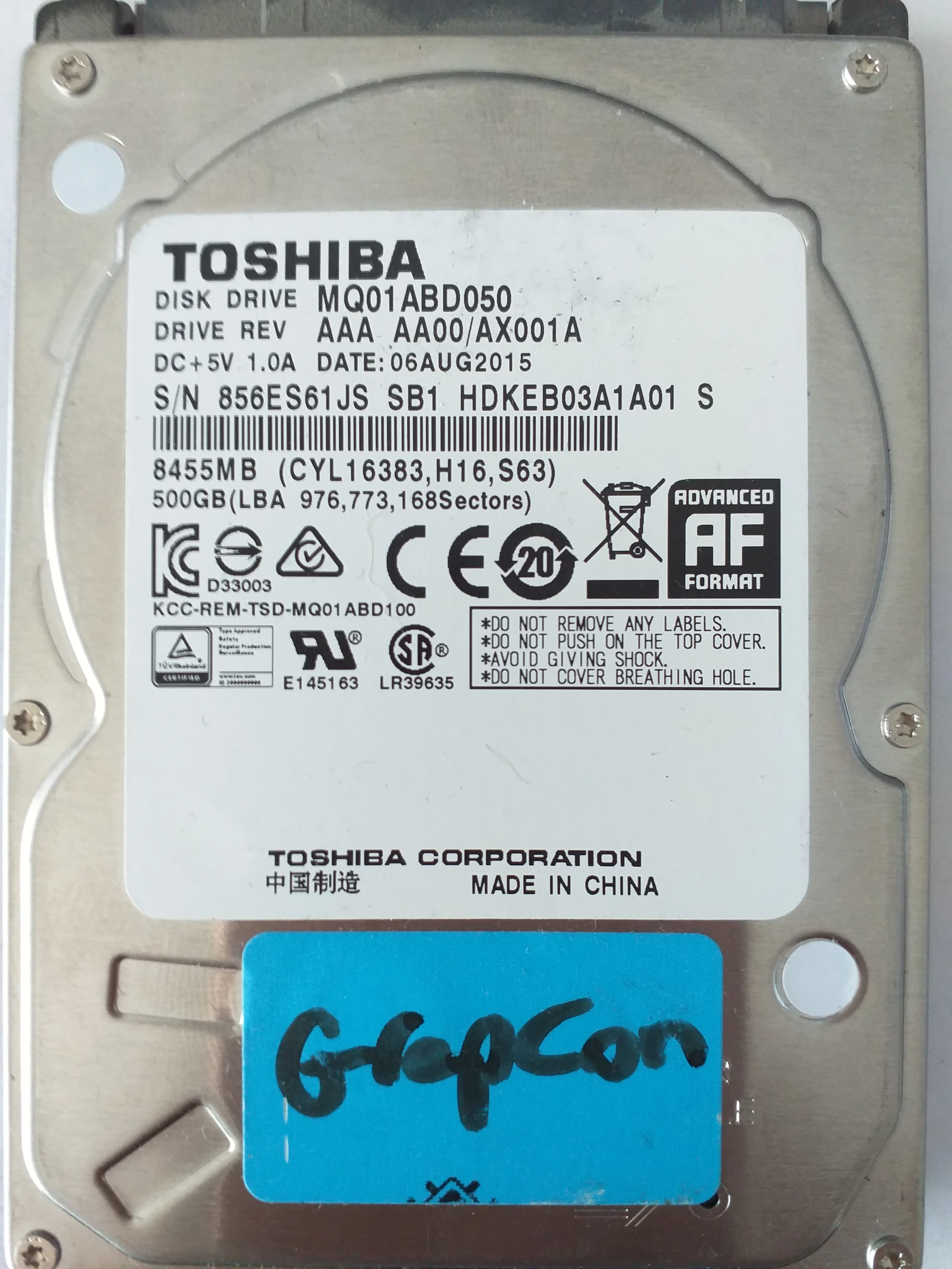 Toshiba MQ01ABD050 S/N 856ES61JS