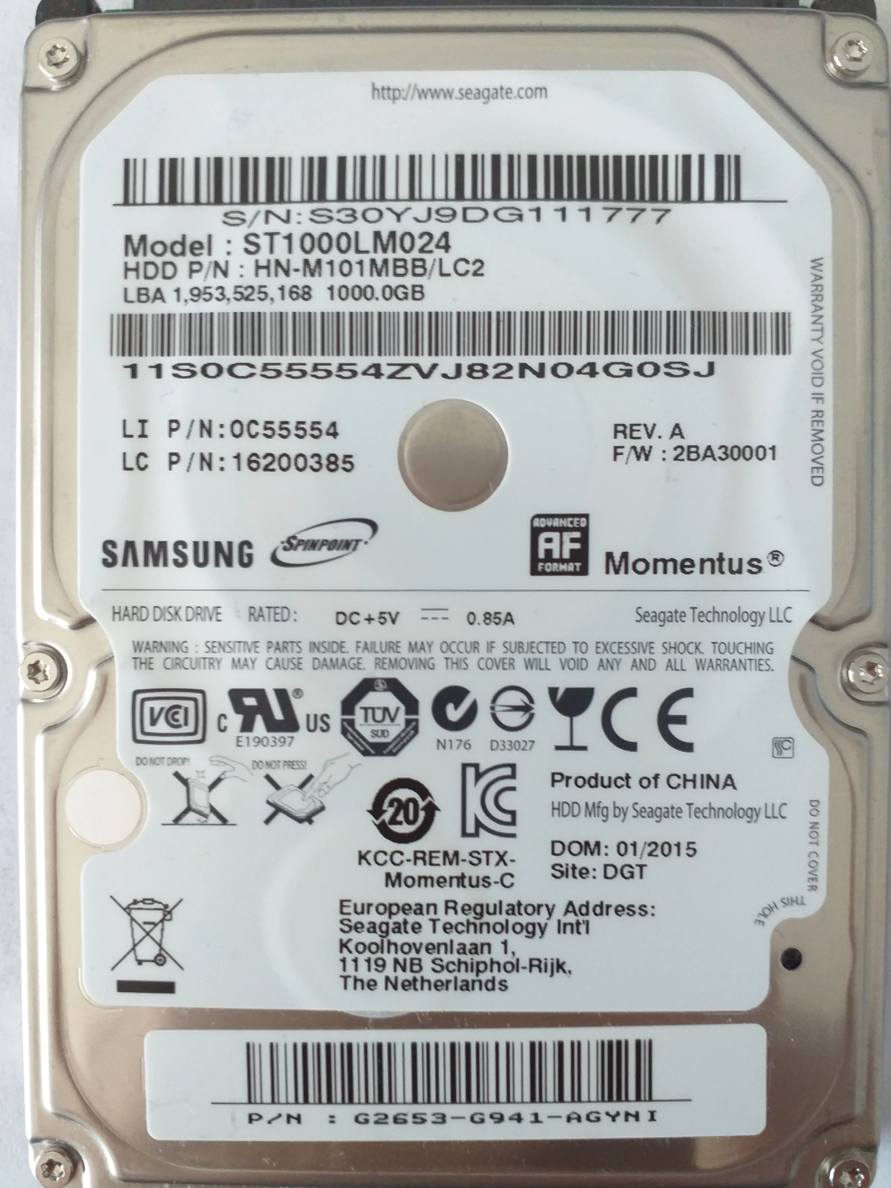 Seagate ST1000LM024 S/N S30YJ9DG111777