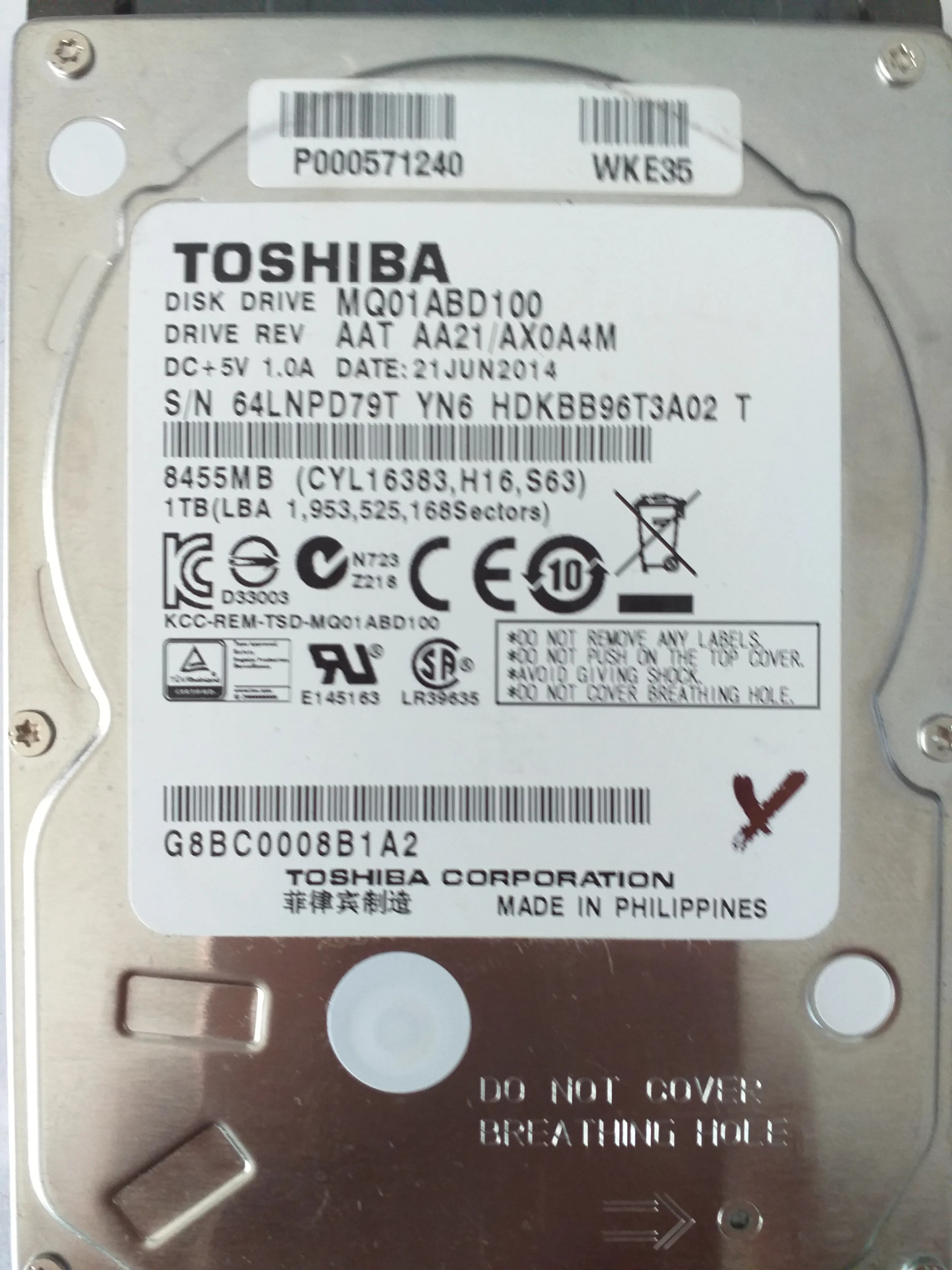 Toshiba MQ01ABD100 S/N 64LNPD79T