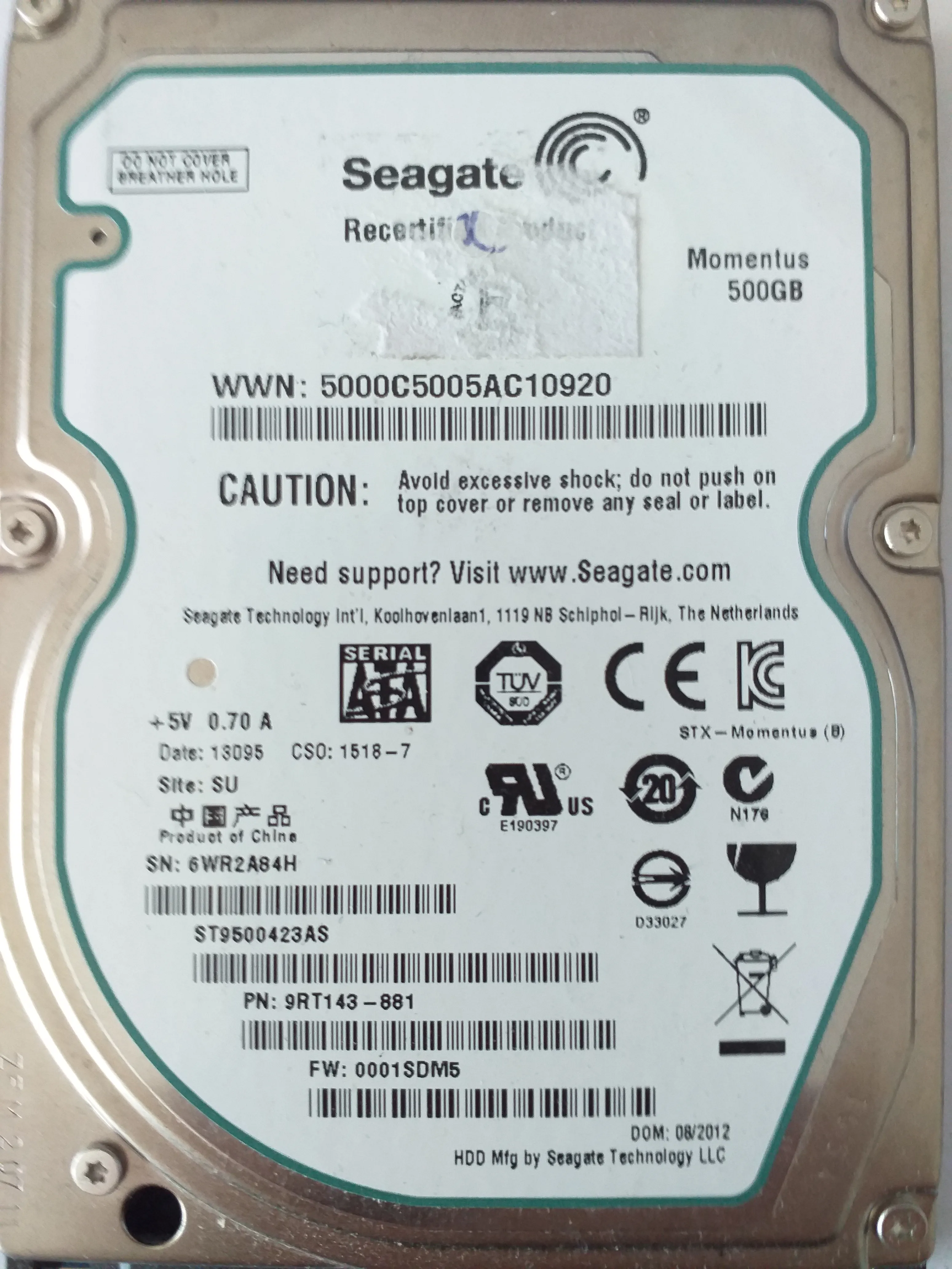 Seagate ST9500423AS S/N 6WR2A84H