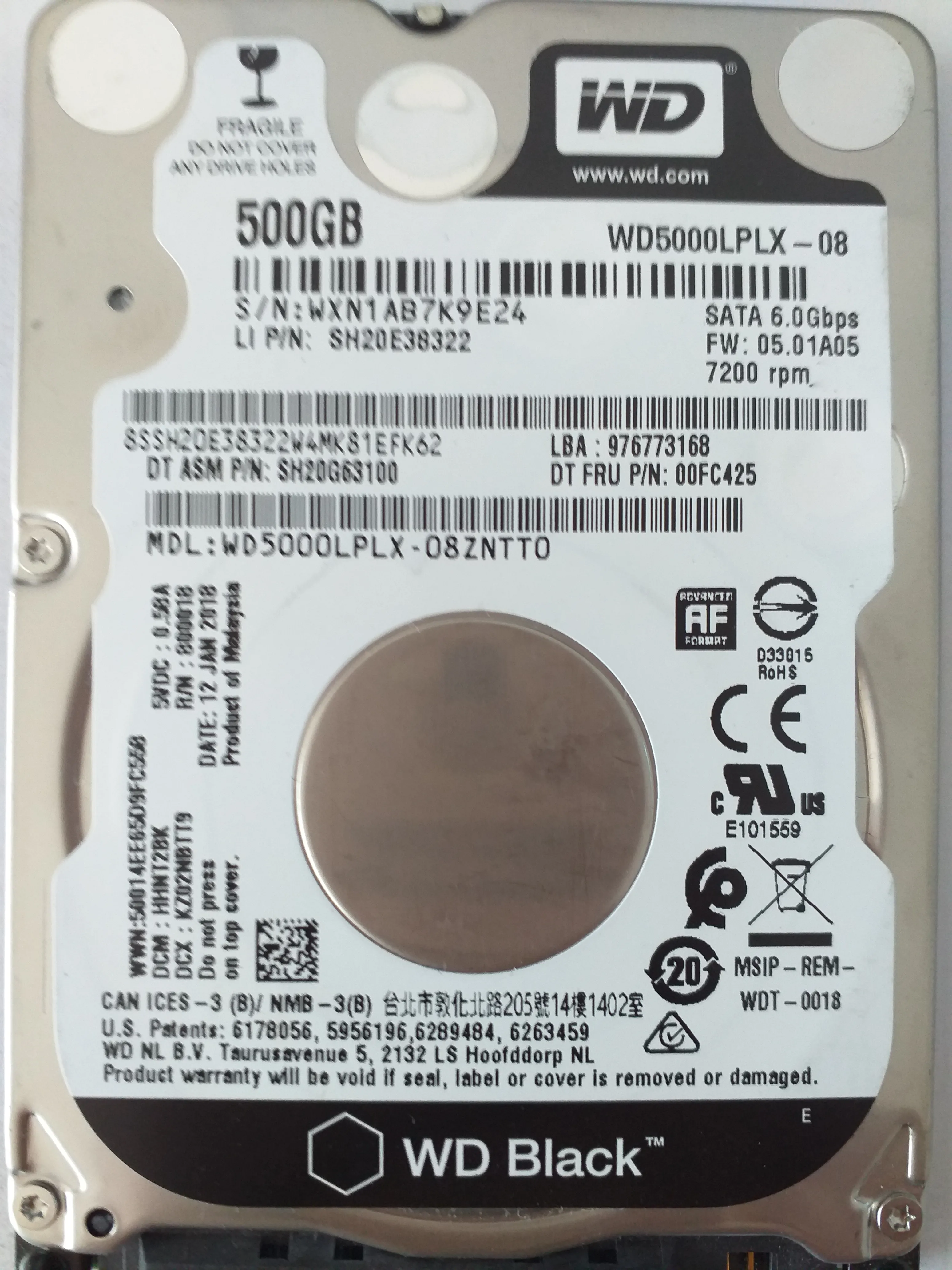 Western Digital WD5000LPLX-08ZNTT0 S/N WXN1AB7K9E24