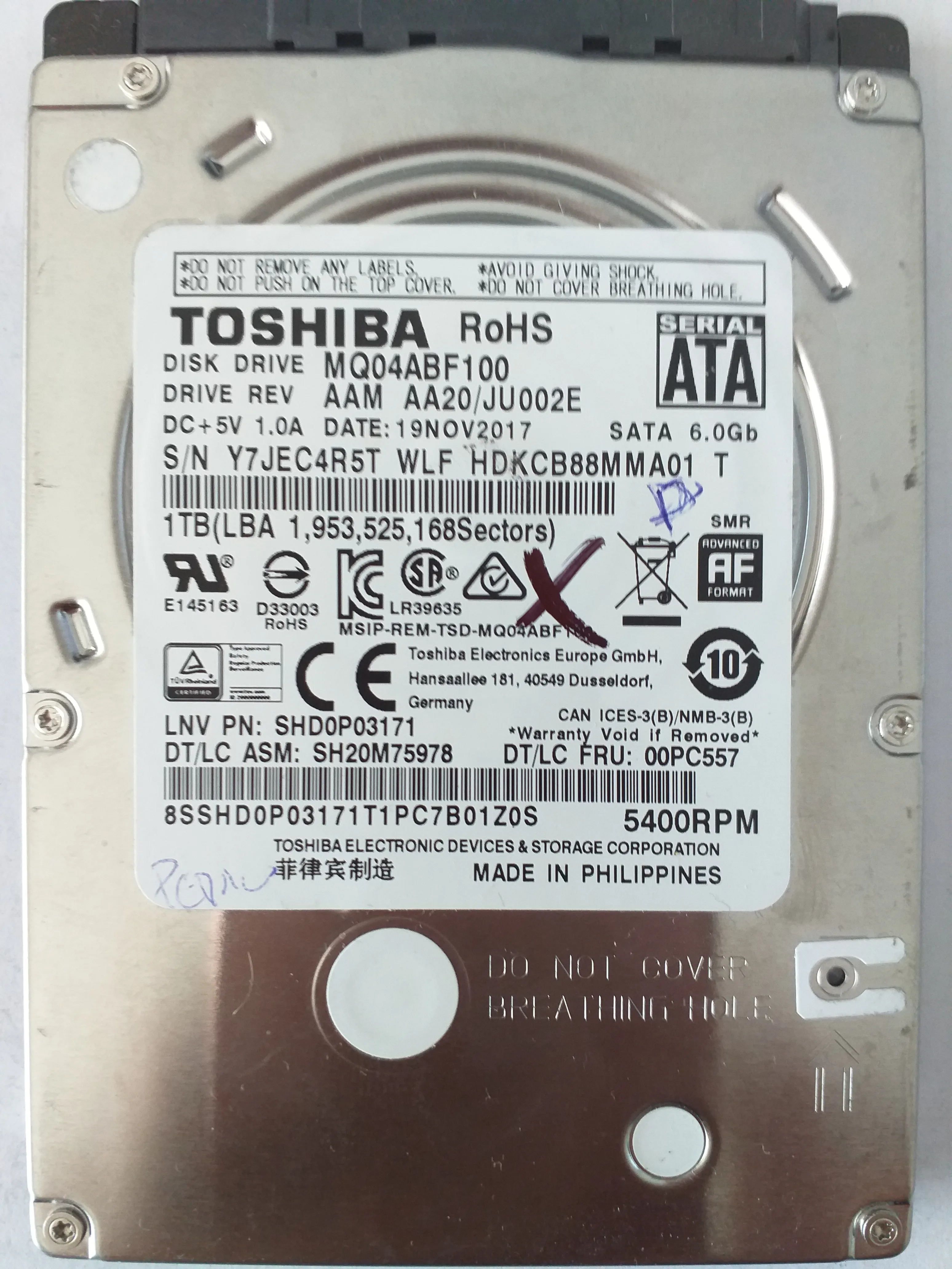 Toshiba MQ04ABF100 S/N Y7JEC4R5T
