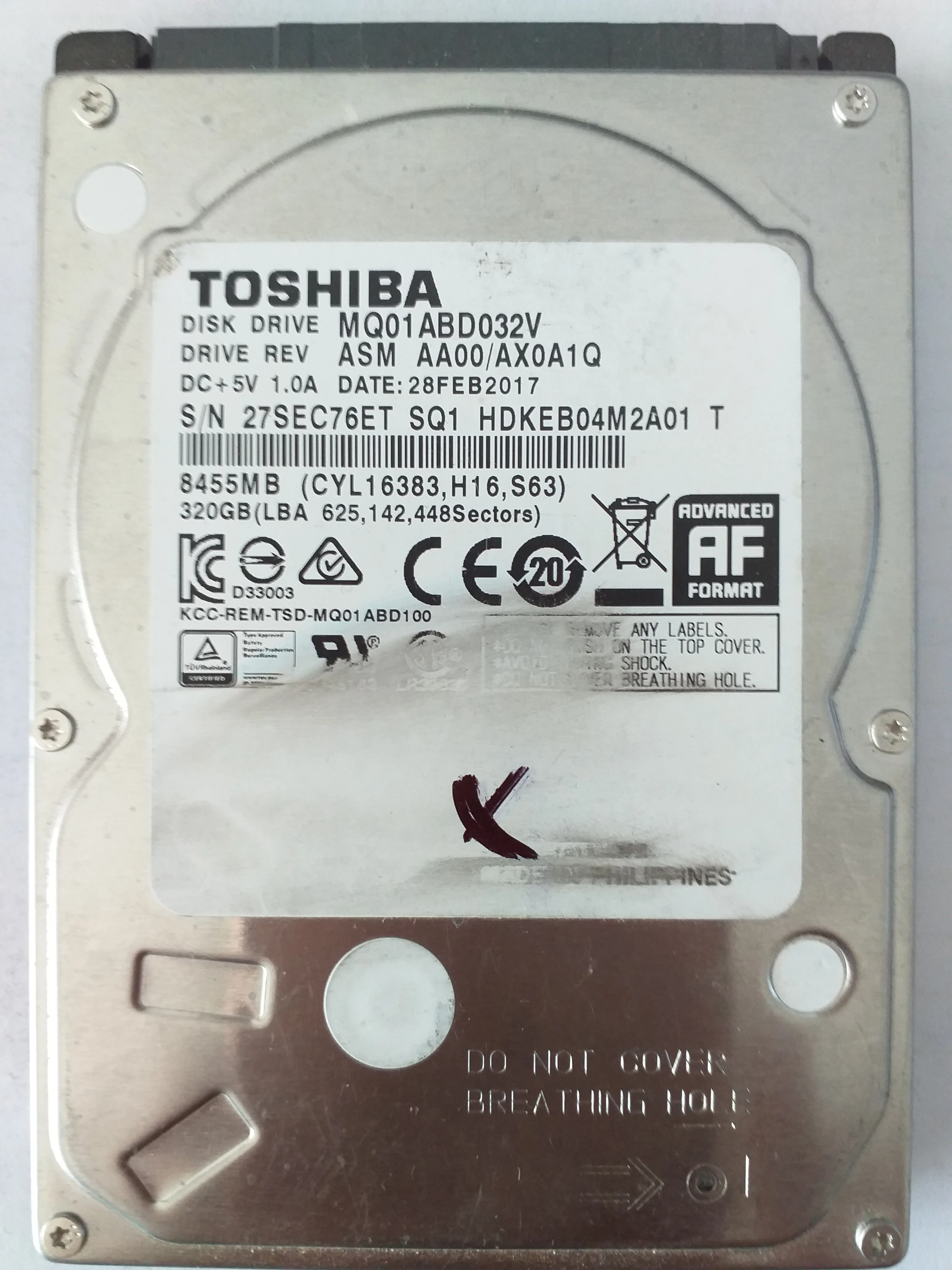 Toshiba MQ01ABD032V S/N 27SEC76ET
