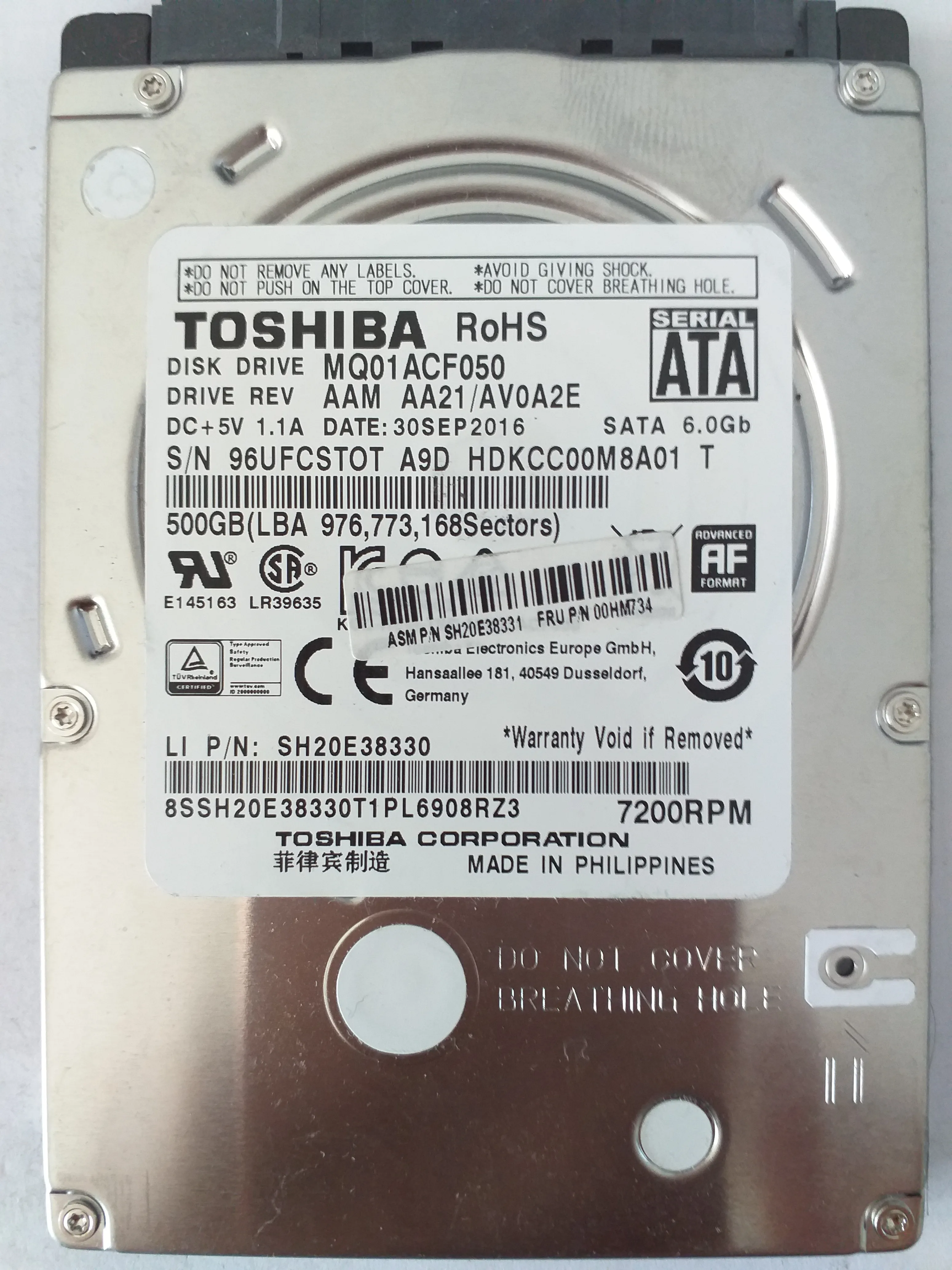 Toshiba MQ01ACF050 S/N 96UFCSTOT