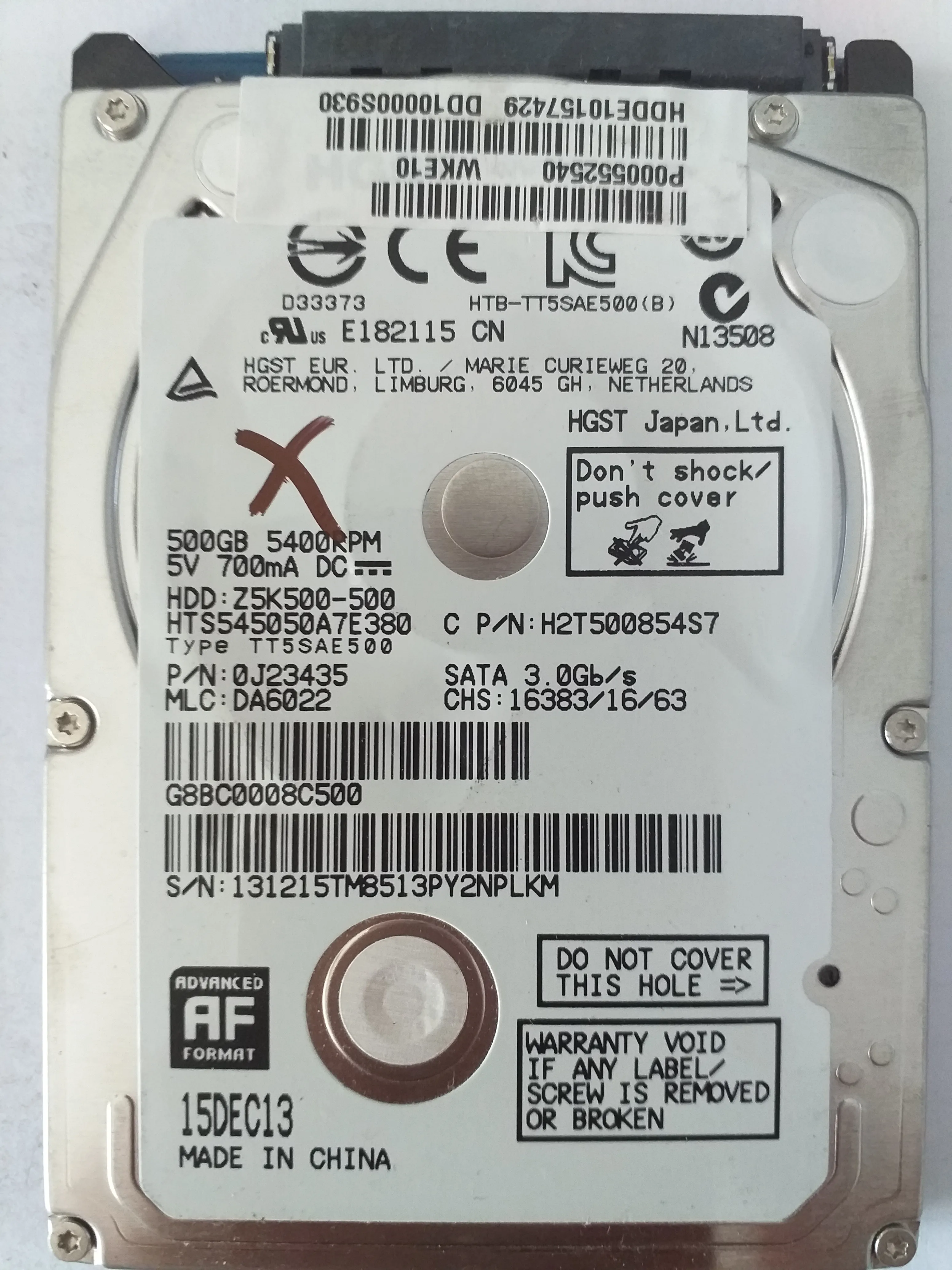 Hitachi HTS545050A7E380 S/N 131215TM8513PY2NPLKM