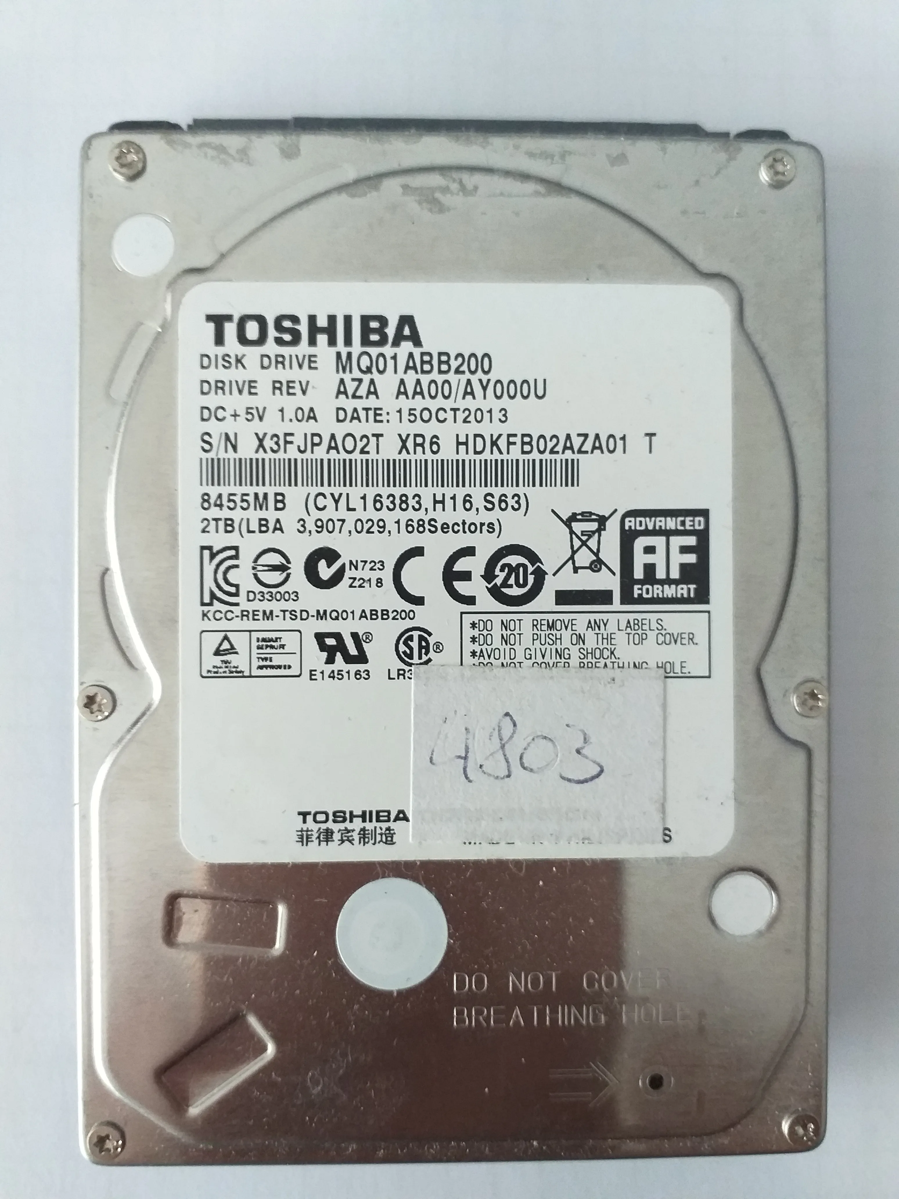 Toshiba MQ01ABB200 S/N X3FJPAO2T