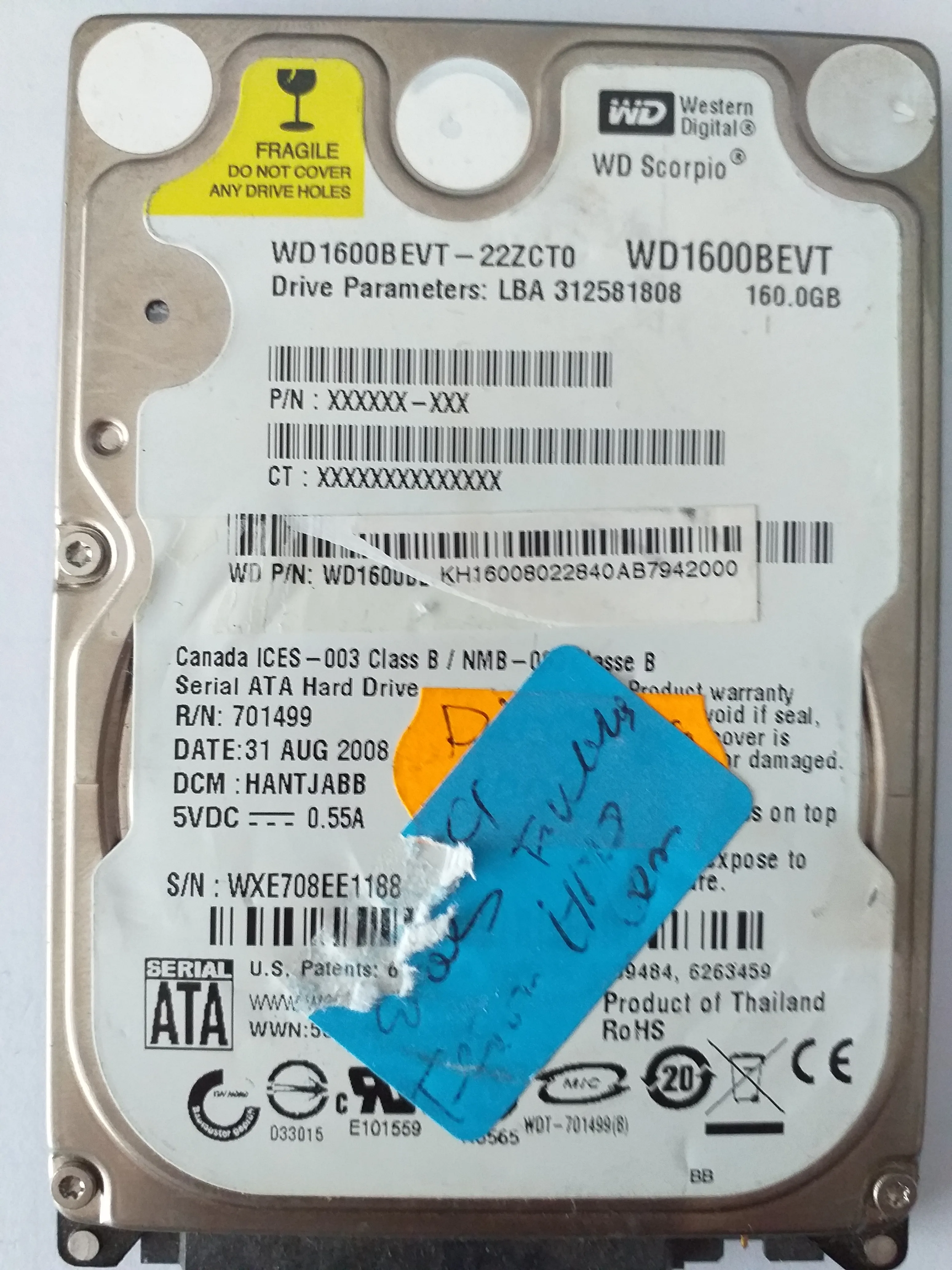 Western Digital WD1600BEVT-22ZCT0 S/N WXE708EE1188