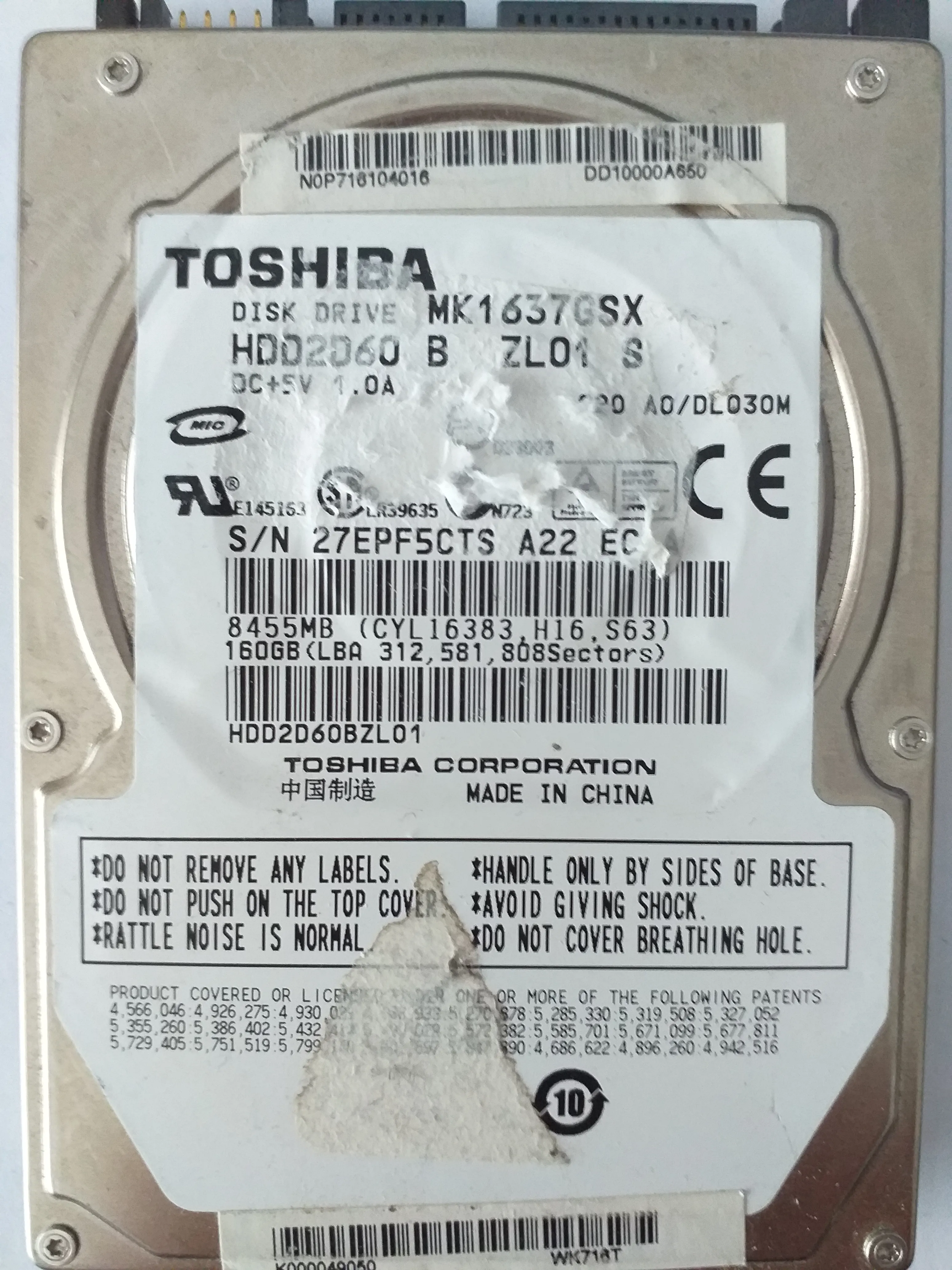 Toshiba MK1637GSX S/N 27EPF5CTS