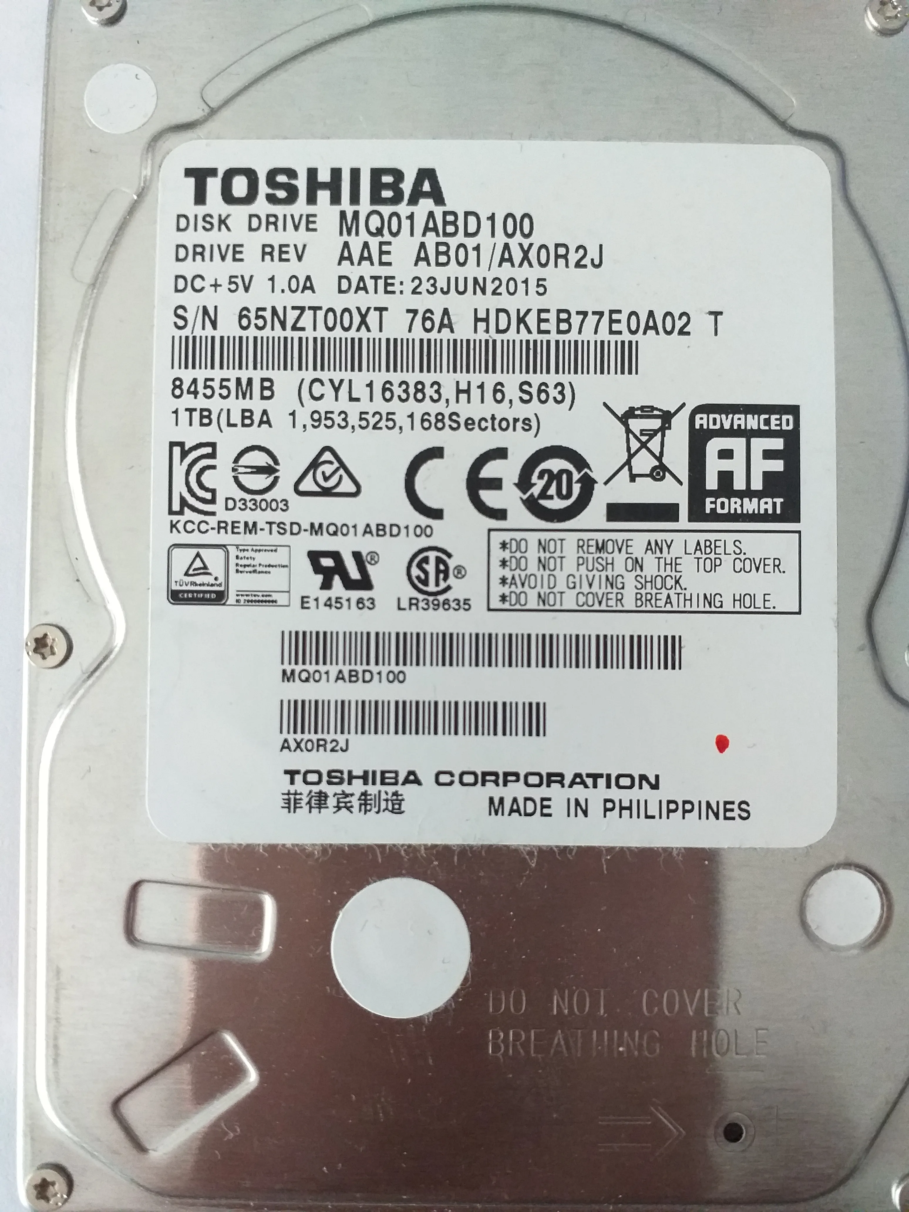 Toshiba MQ01ABD100 S/N 65NZT00XT