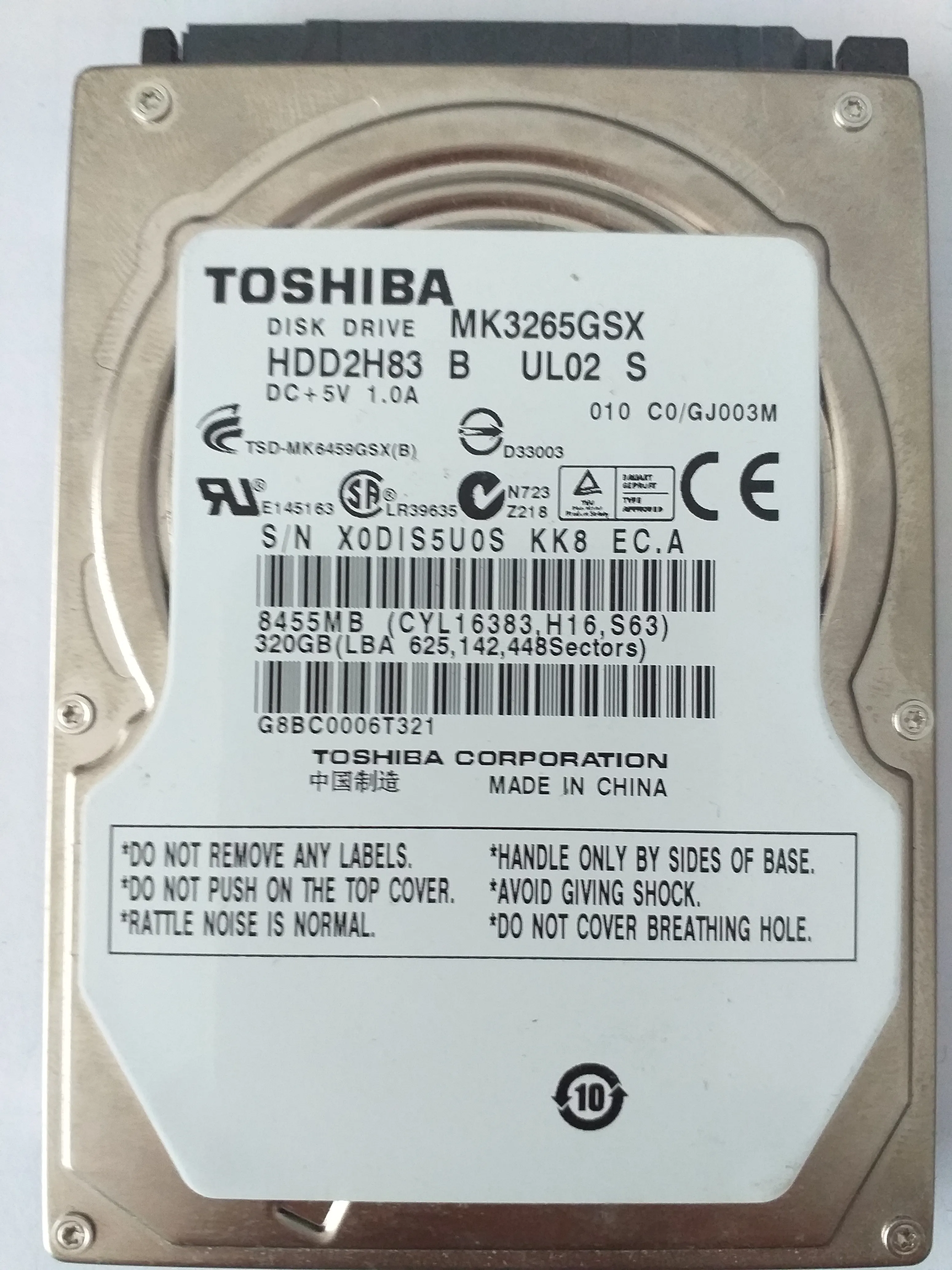 Toshiba MK3265GSX S/N X0DIS5U0S
