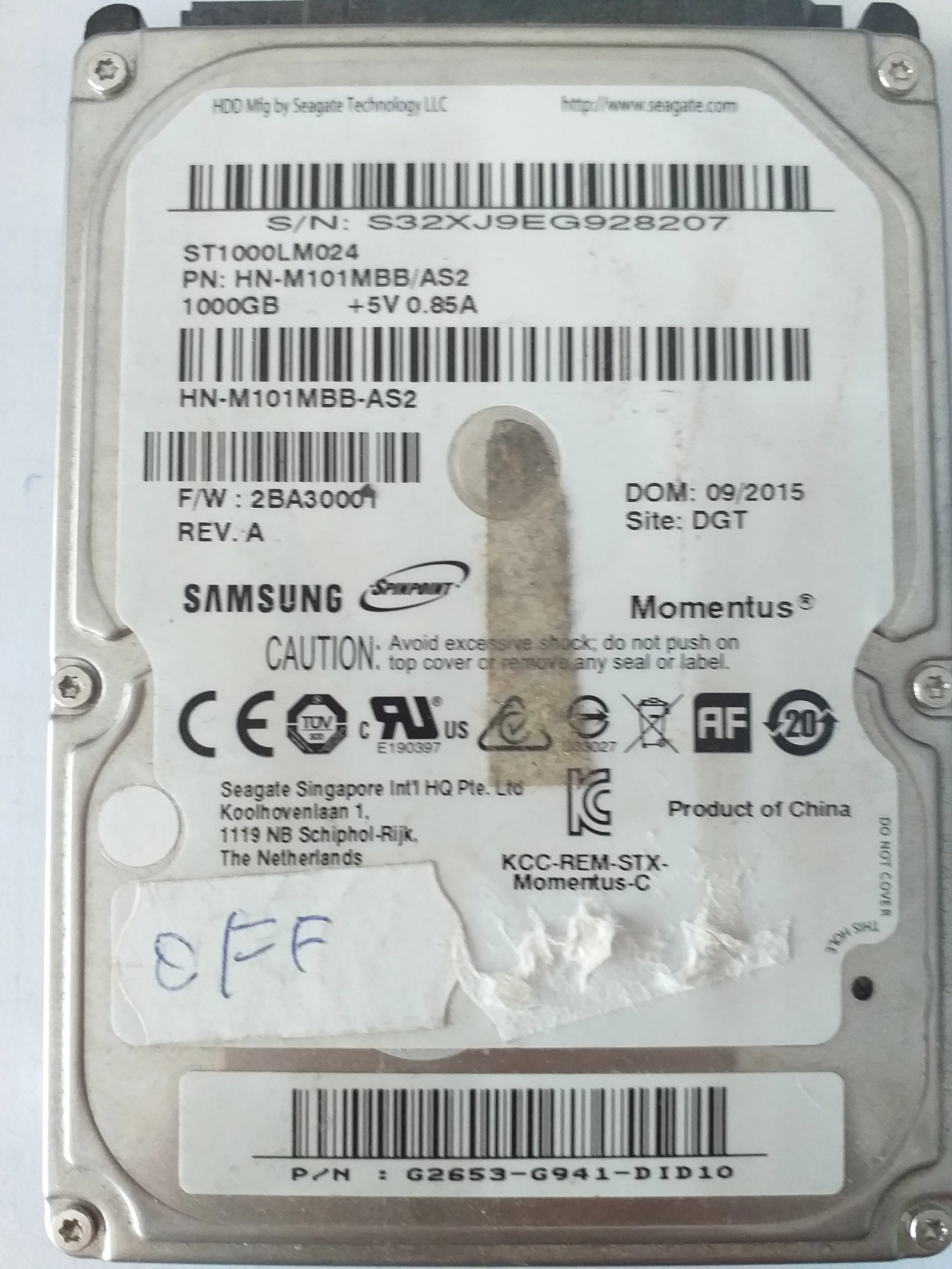 Seagate ST1000LM024 S/N S32XJ9EG928207