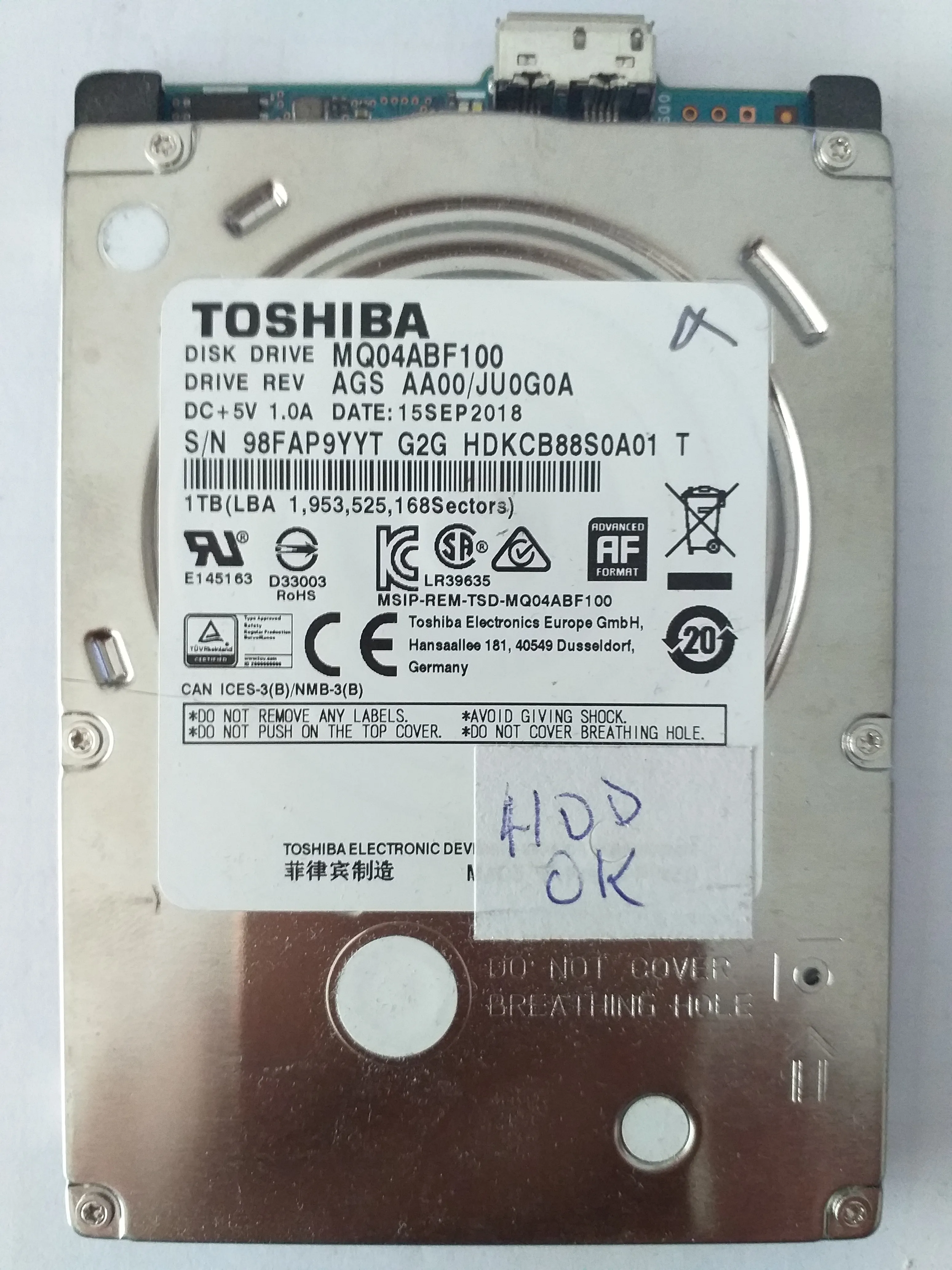 Toshiba MQ04ABF100 S/N 98FAP9YYT