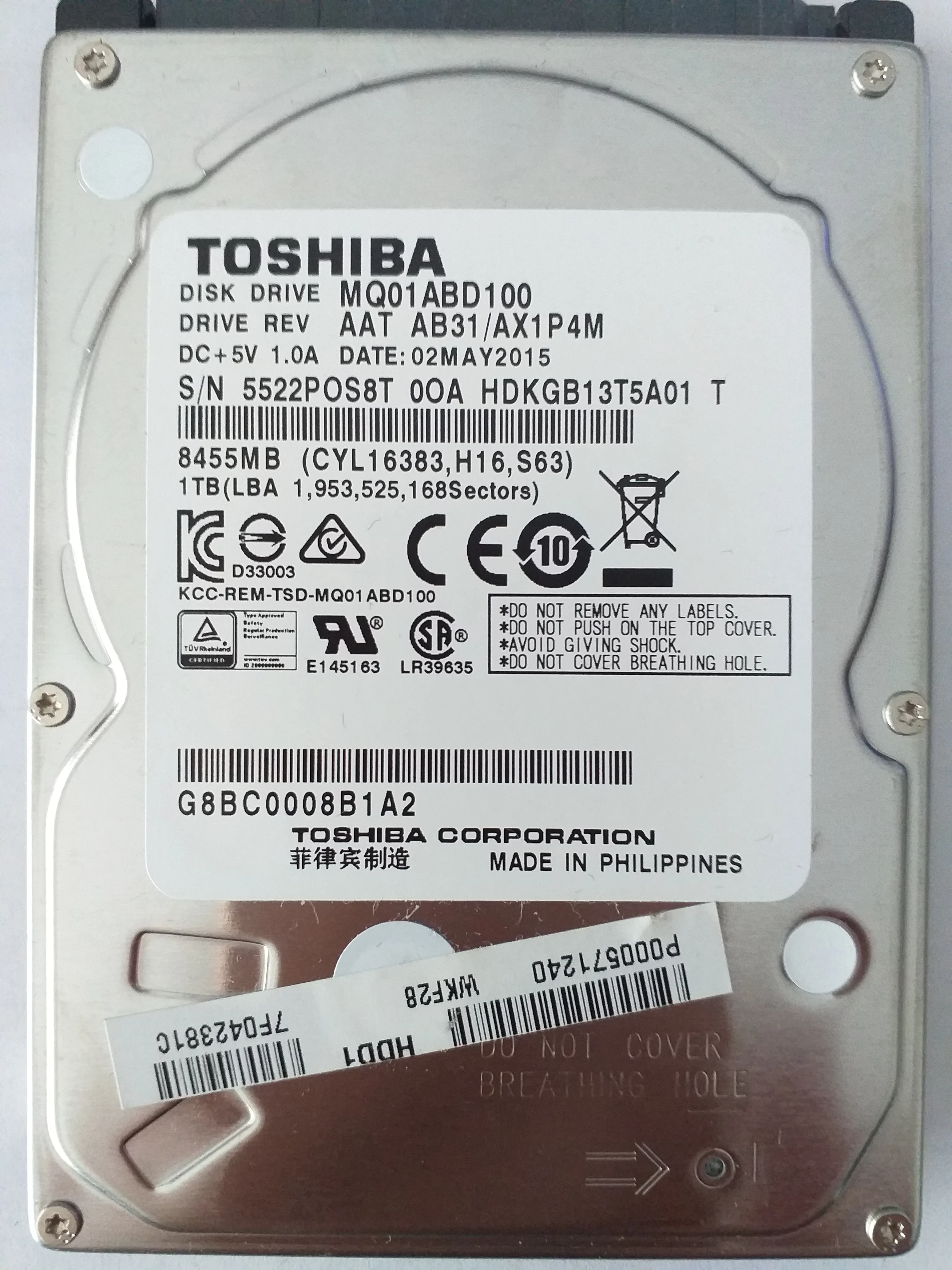 Toshiba MQ01ABD100 S/N 5522POS8T