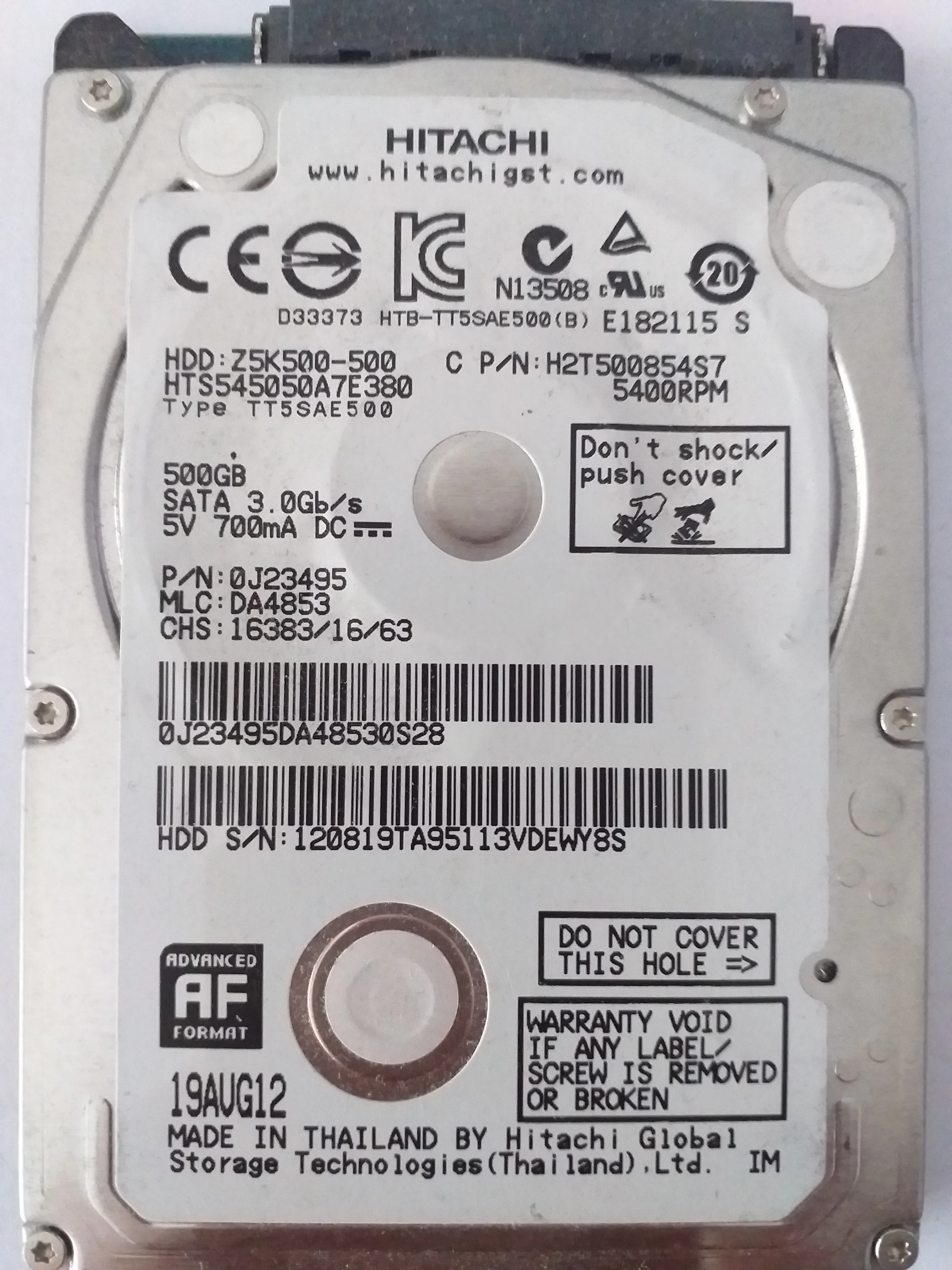 Hitachi HTS545050A7E380 S/N 120819TA95113VDEWY8S