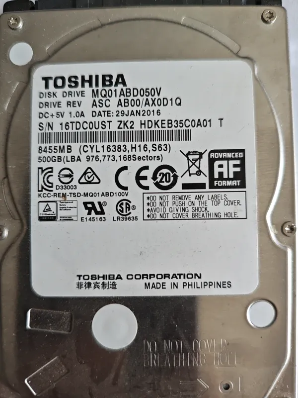 Toshiba MQ01ABD050V S/N 16TDCOUST
