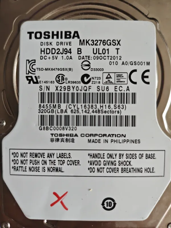 Toshiba MK3276GSX S/N X29BY0JQF