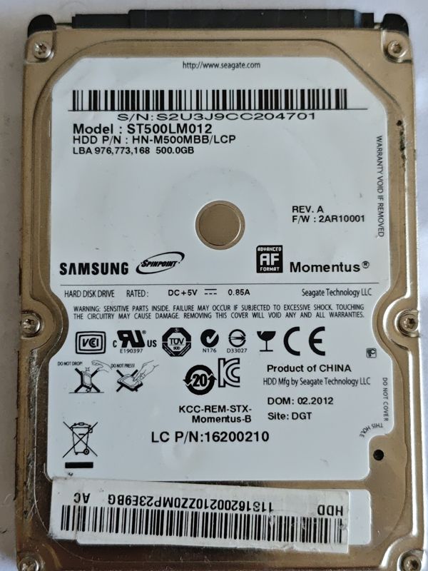 Samsung ST500LM012 S/N S2U3J9CC204701