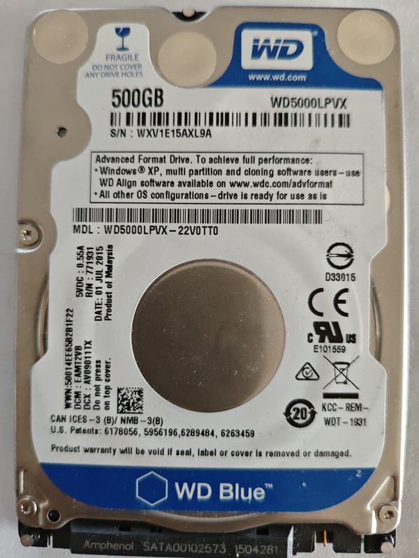 Western Digital WD5000LPVX-22V0TT0 S/N WXV1E15AXL9A