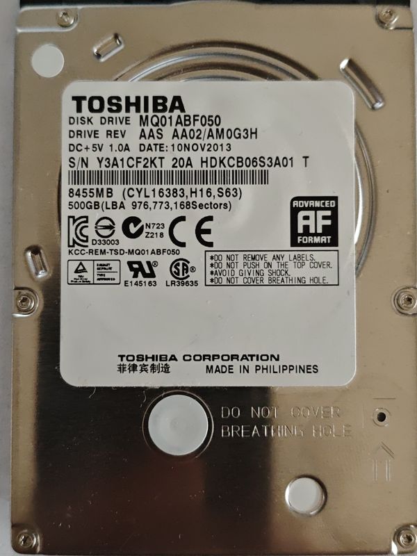 Toshiba MQ01ABF050 S/N Y3A1CF2KT