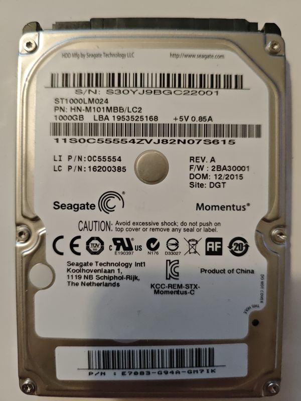 Seagate ST1000LM024 S/N S30YJ9BGC22001