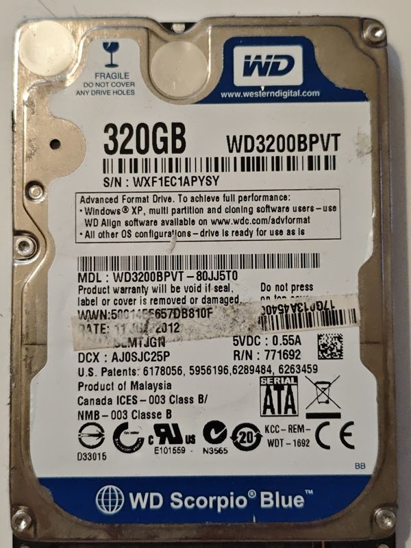 Western Digital WD3200BPVT-80JJ5T0 S/N WXF1EC1APYSY