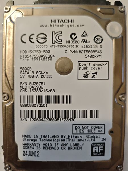 Hitachi HTS547550A9E384 S/N 120604J2360051F23N3C