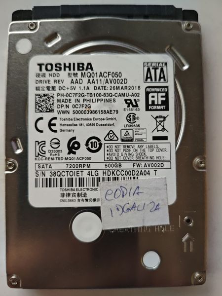 Toshiba MQ01ACF050 S/N 38QCT0IET